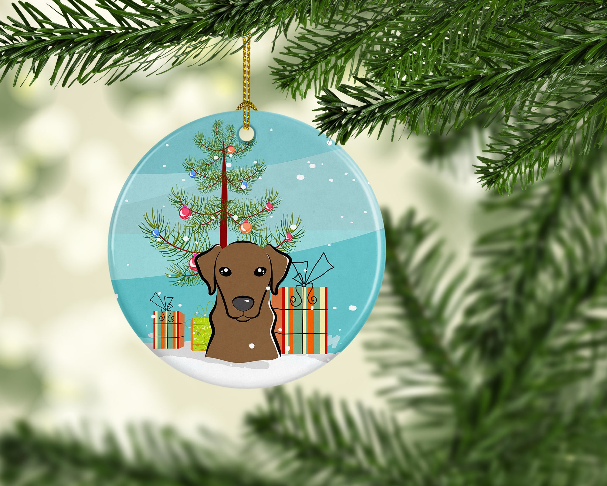 Christmas Tree and Chocolate Labrador Ceramic Ornament BB1606CO1 - the-store.com