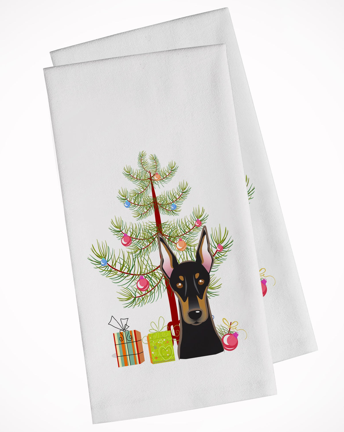 Christmas Tree and Doberman White Kitchen Towel Set of 2 BB1617WTKT by Caroline&#39;s Treasures