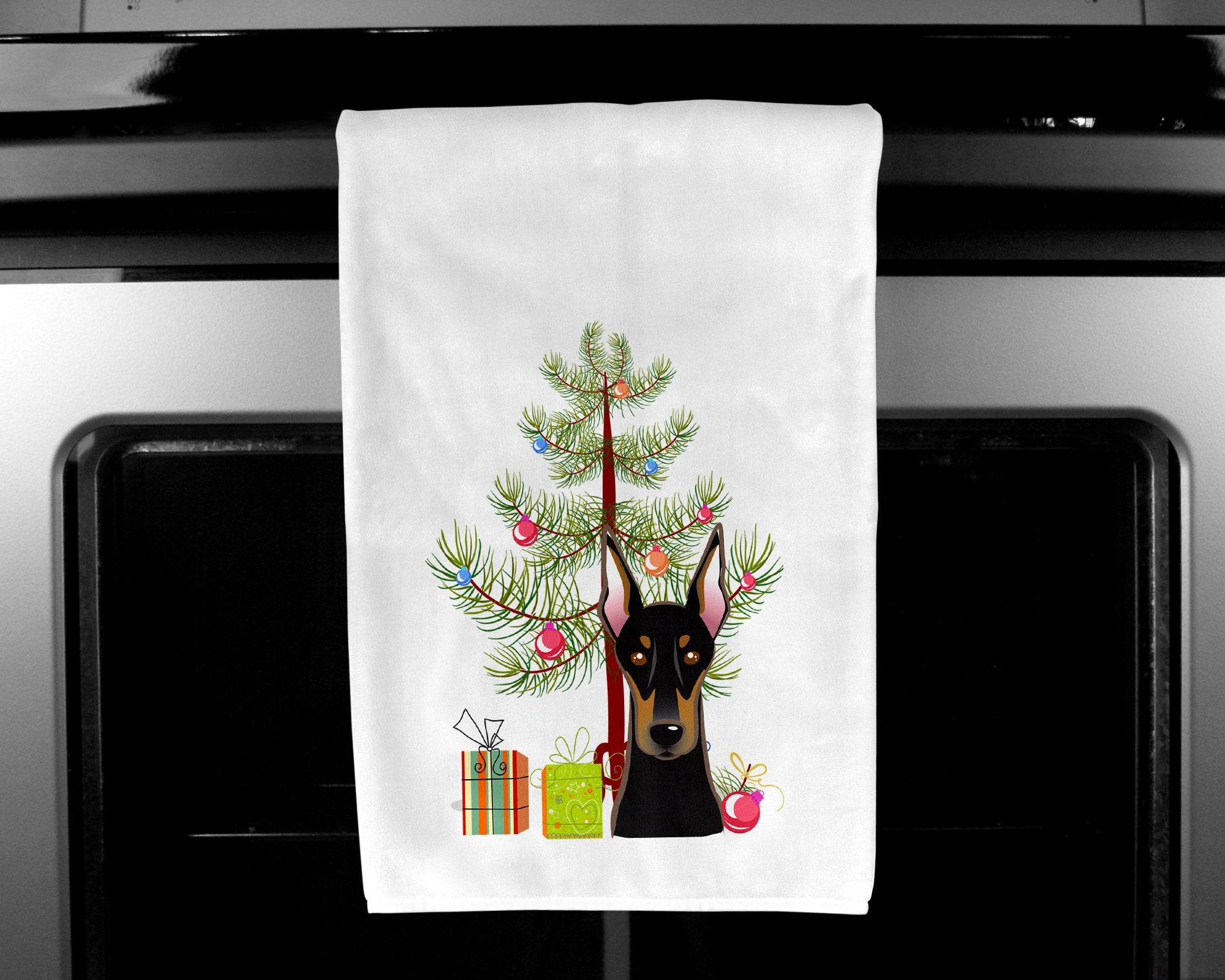 Christmas Tree and Doberman White Kitchen Towel Set of 2 BB1617WTKT by Caroline's Treasures