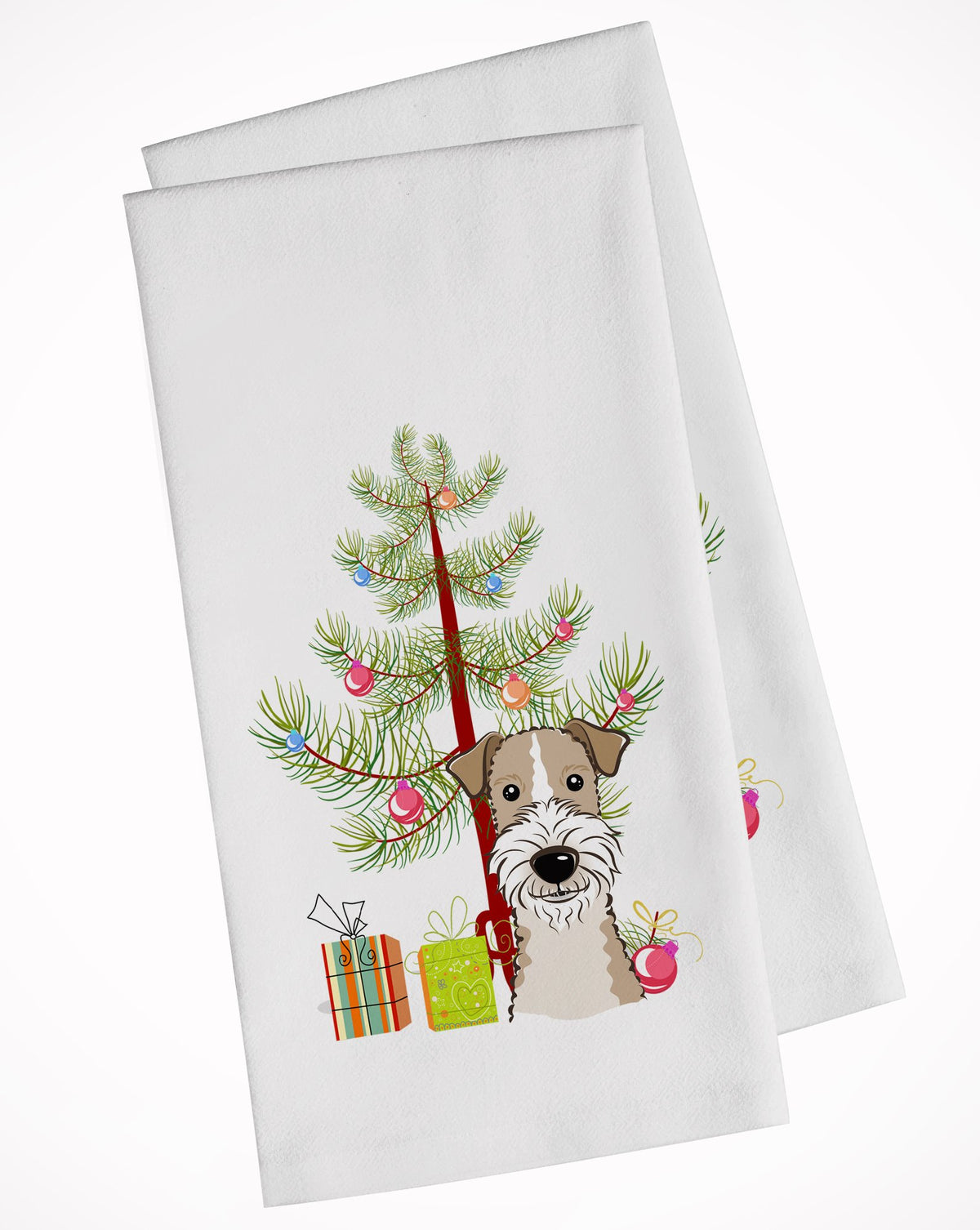 Christmas Tree and Wire Haired Fox Terrier White Kitchen Towel Set of 2 BB1619WTKT by Caroline&#39;s Treasures