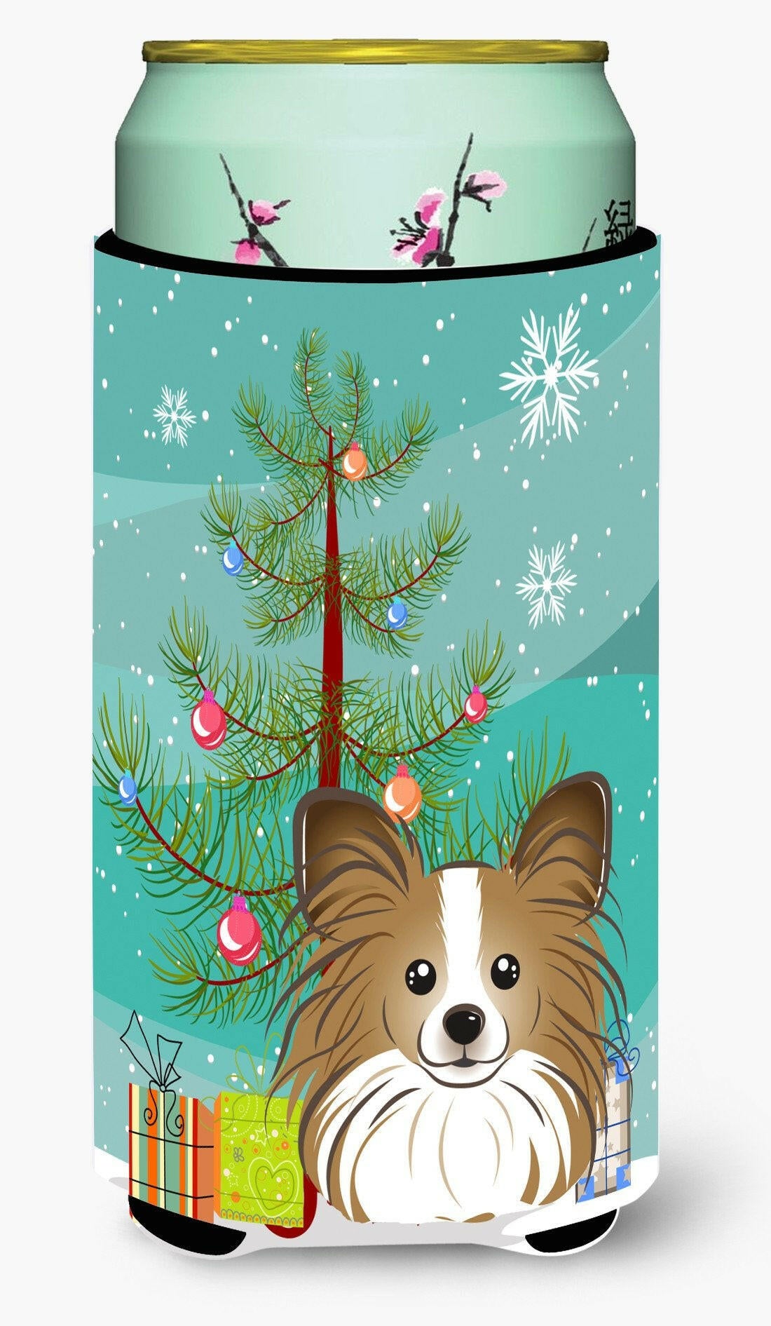 Christmas Tree and Papillon Tall Boy Beverage Insulator Hugger BB1620TBC by Caroline&#39;s Treasures