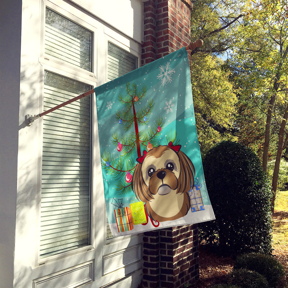 Christmas Tree and Chocolate Brown Shih Tzu Flag Canvas House Size BB1621CHF  the-store.com.