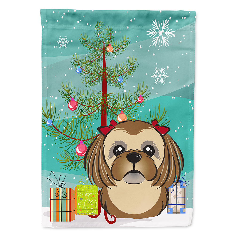 Christmas Tree and Chocolate Brown Shih Tzu Flag Canvas House Size BB1621CHF  the-store.com.
