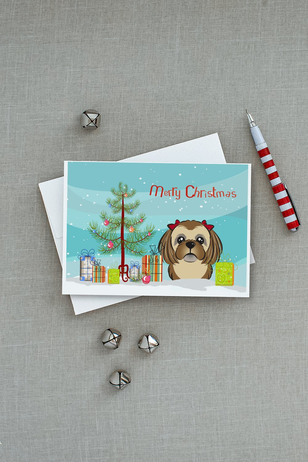 Christmas Tree and Chocolate Brown Shih Tzu Greeting Cards and Envelopes Pack of 8 - the-store.com