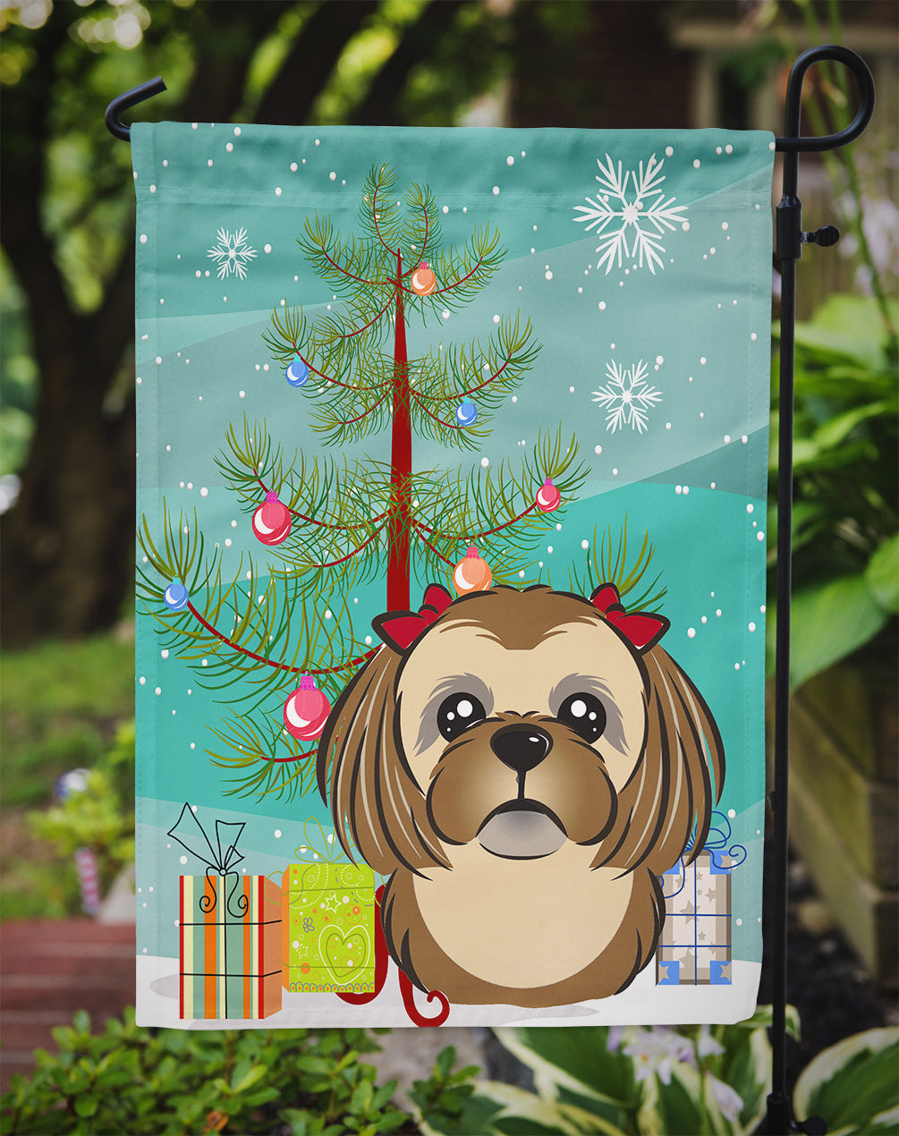 Christmas Tree and Chocolate Brown Shih Tzu Flag Garden Size BB1621GF.