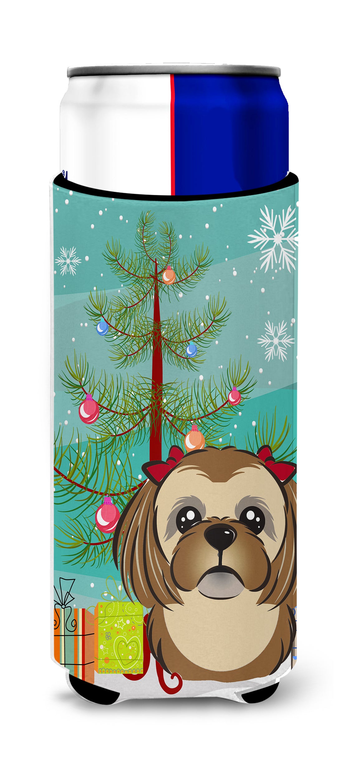 Christmas Tree and Chocolate Brown Shih Tzu Ultra Beverage Insulators for slim cans BB1621MUK  the-store.com.