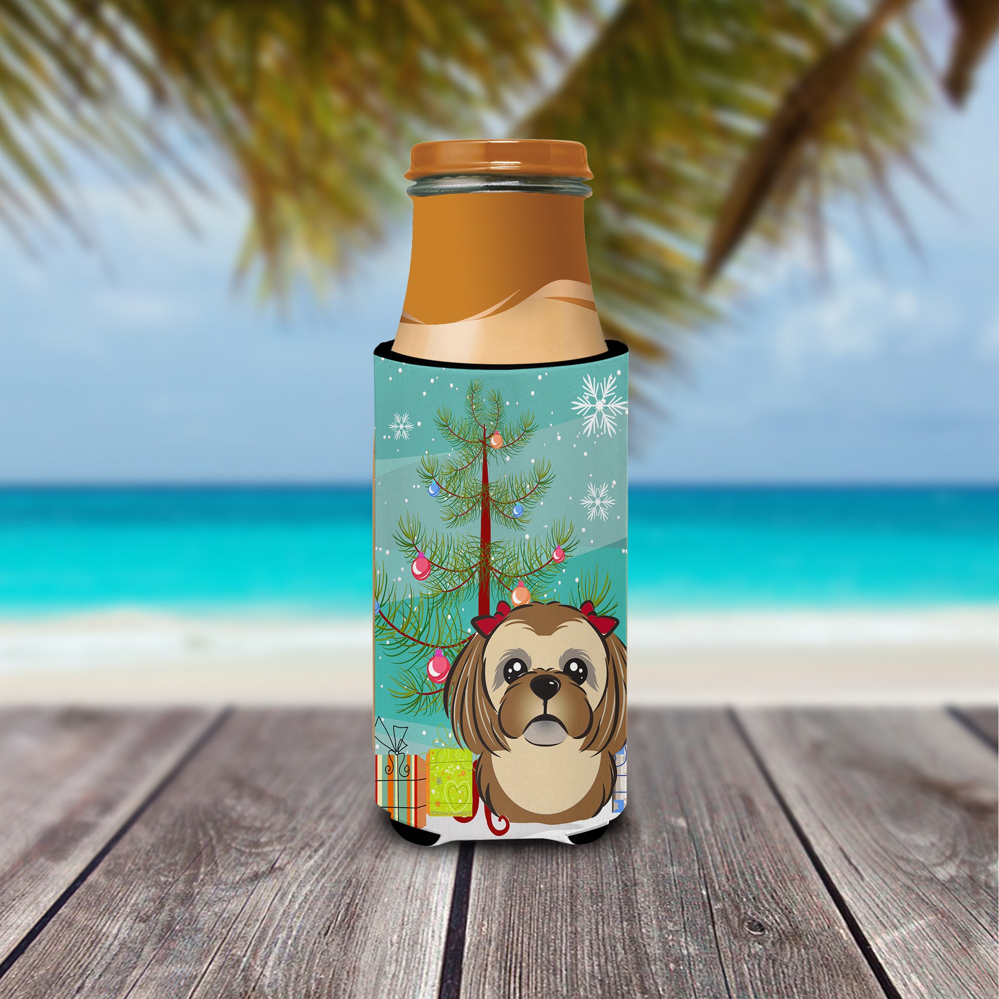 Christmas Tree and Chocolate Brown Shih Tzu Ultra Beverage Insulators for slim cans BB1621MUK