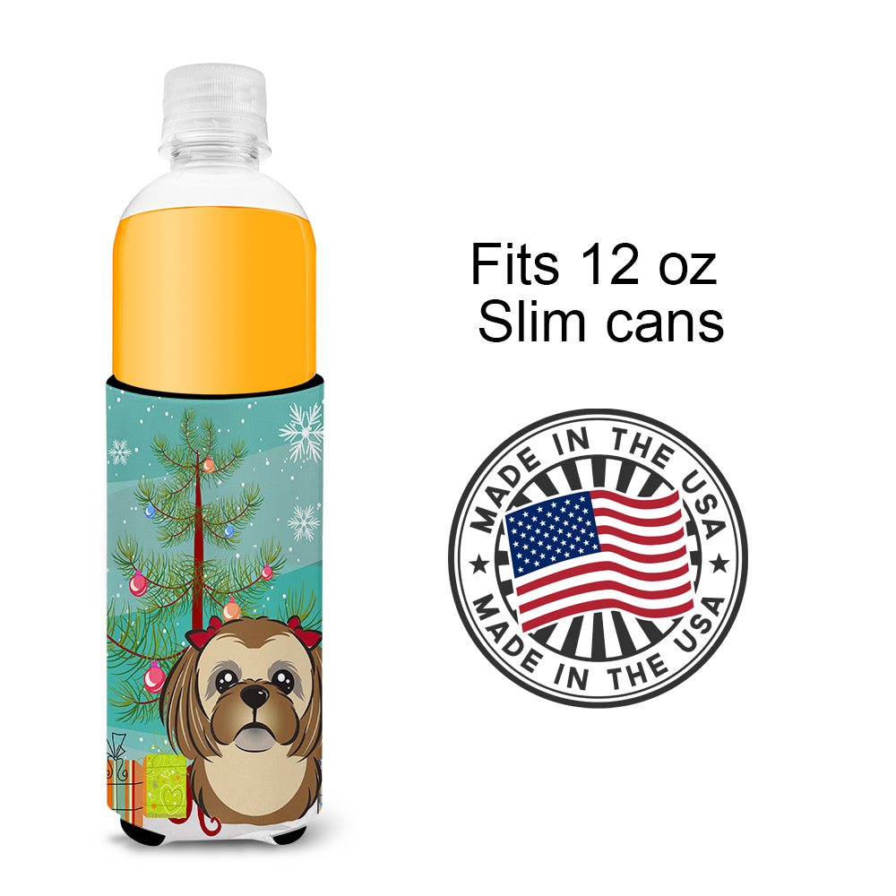 Christmas Tree and Chocolate Brown Shih Tzu Ultra Beverage Insulators for slim cans BB1621MUK