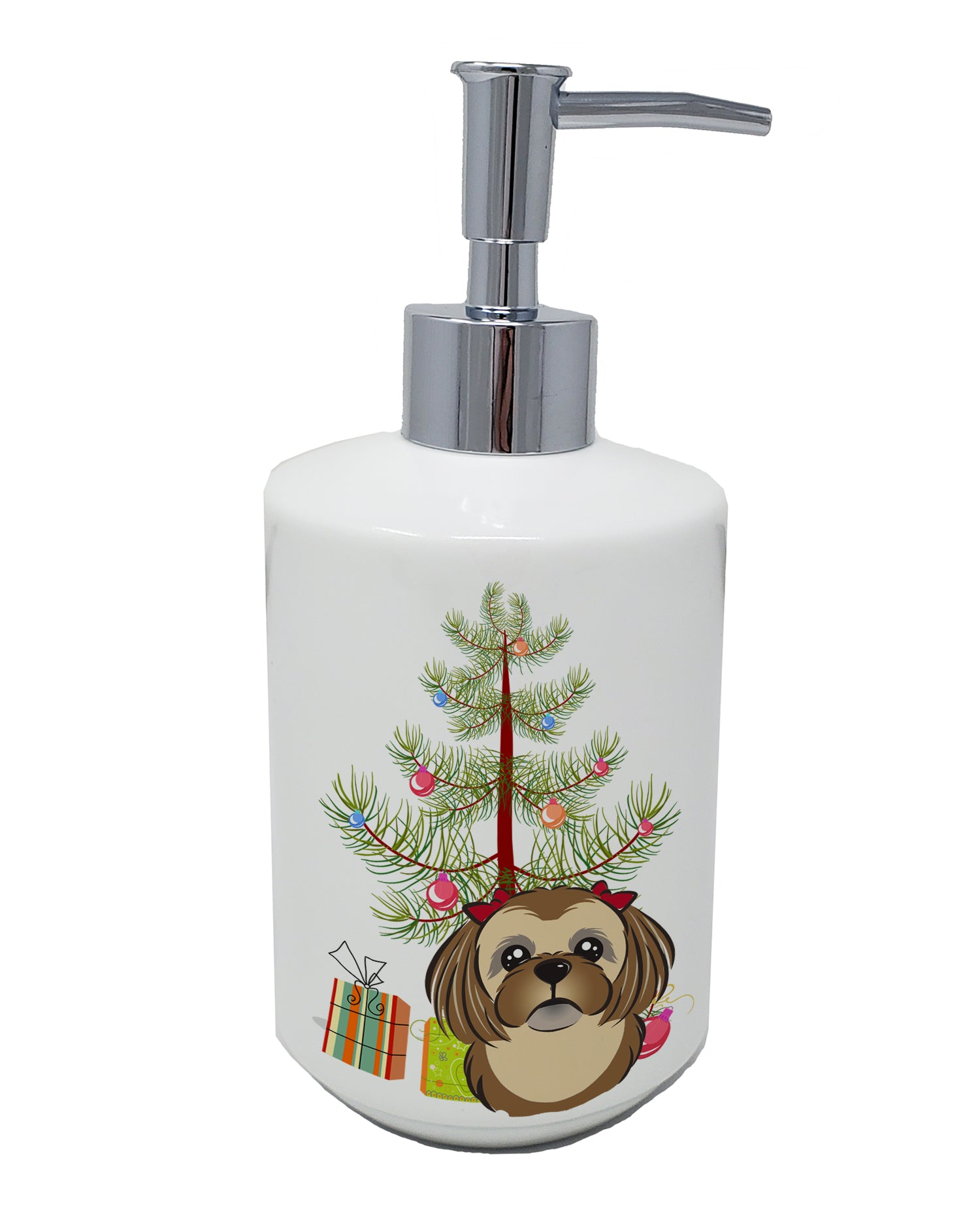 Buy this Christmas Tree and Chocolate Brown Shih Tzu Ceramic Soap Dispenser
