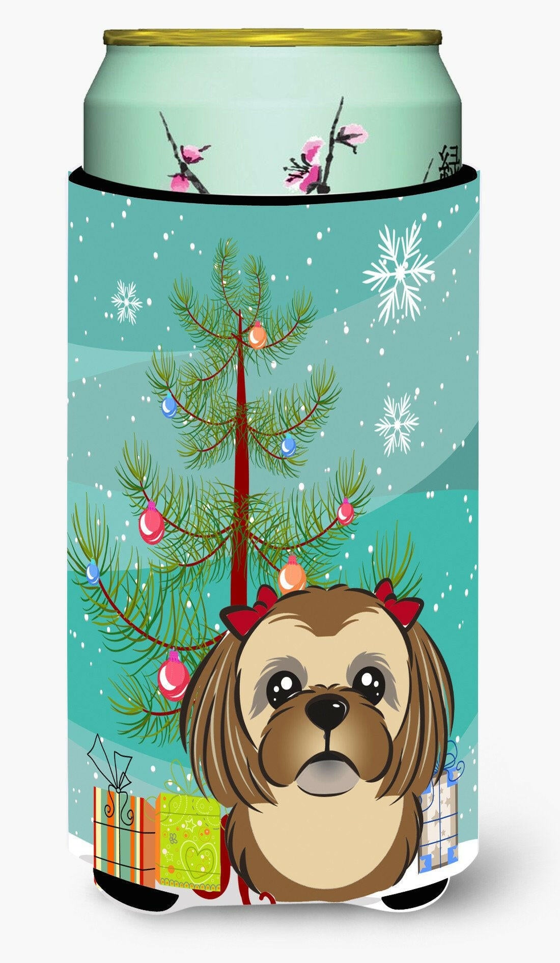Christmas Tree and Chocolate Brown Shih Tzu Tall Boy Beverage Insulator Hugger BB1621TBC by Caroline&#39;s Treasures