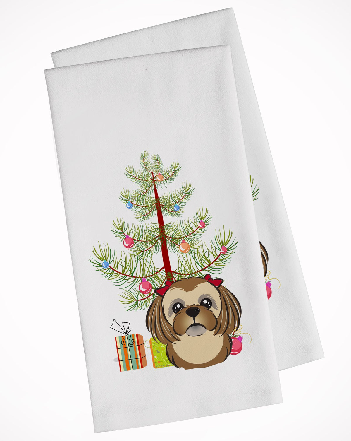 Christmas Tree and Chocolate Brown Shih Tzu White Kitchen Towel Set of 2 BB1621WTKT by Caroline&#39;s Treasures