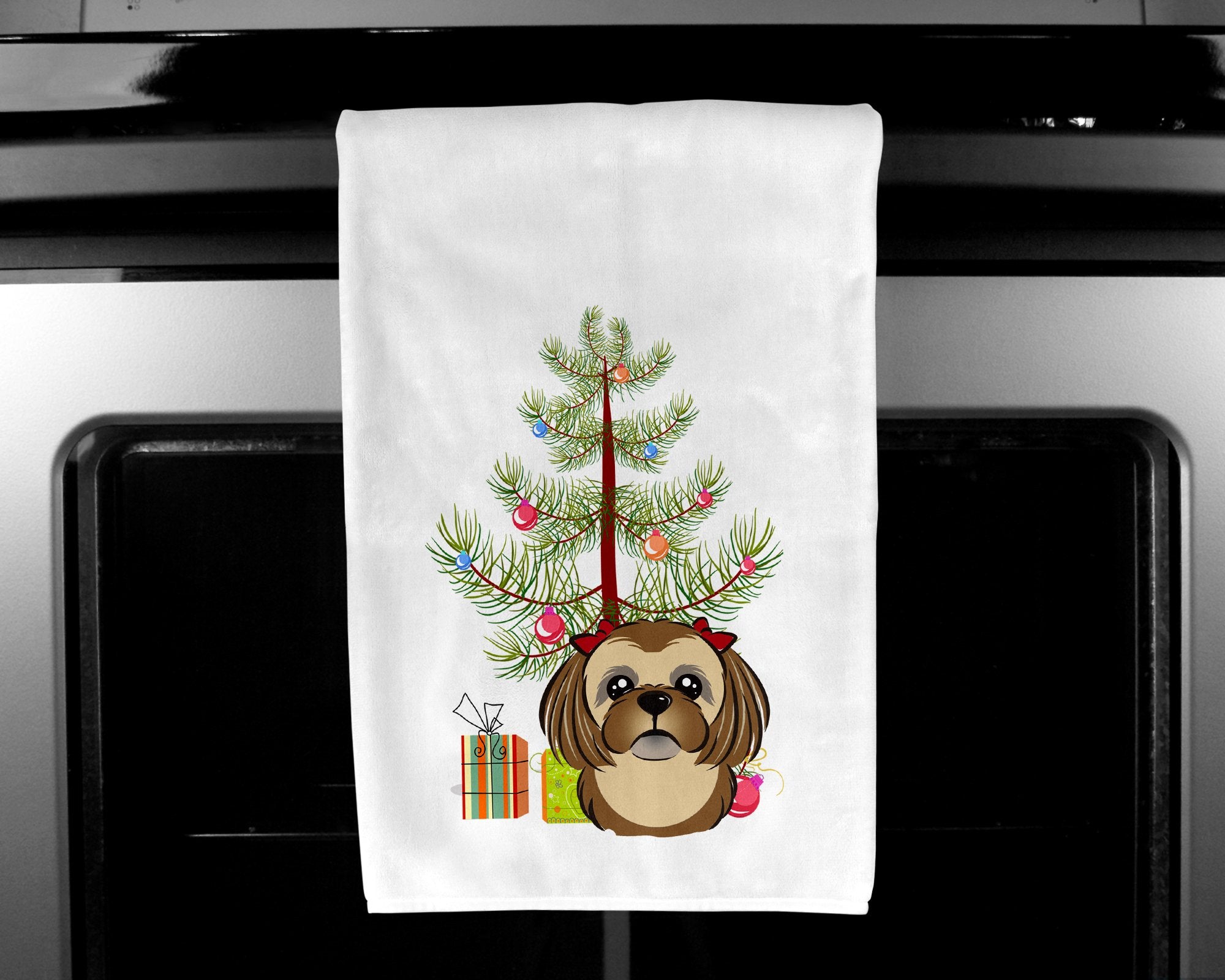 Christmas Tree and Chocolate Brown Shih Tzu White Kitchen Towel Set of 2 BB1621WTKT by Caroline's Treasures