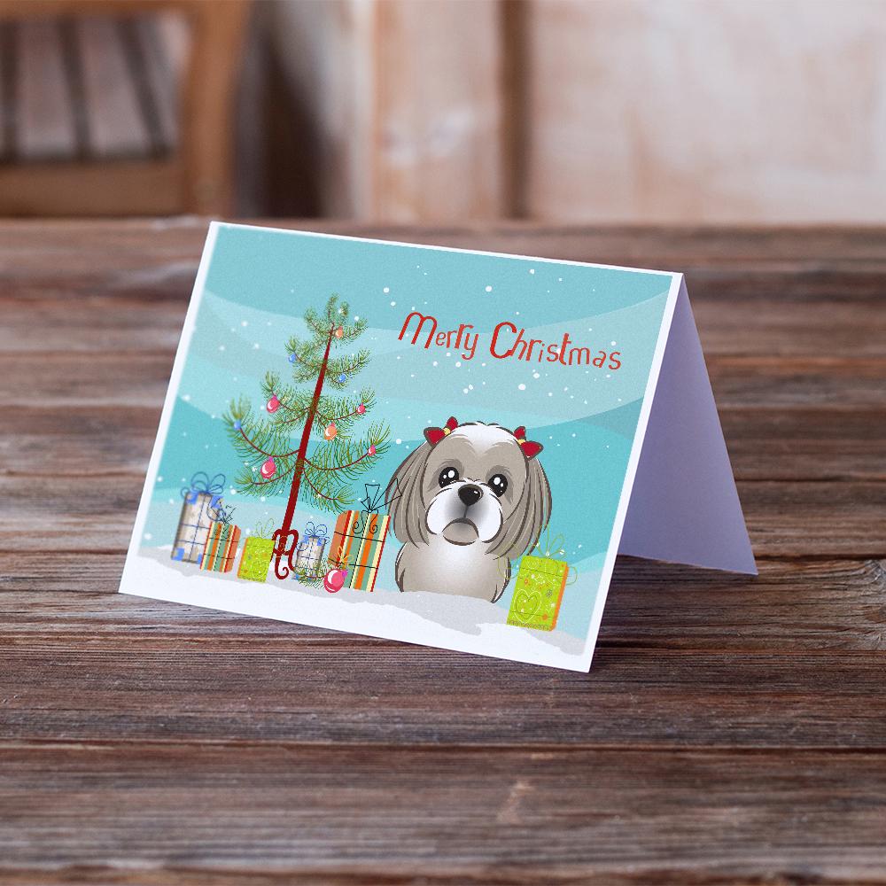 Christmas Tree and Gray Silver Shih Tzu Greeting Cards and Envelopes Pack of 8 - the-store.com