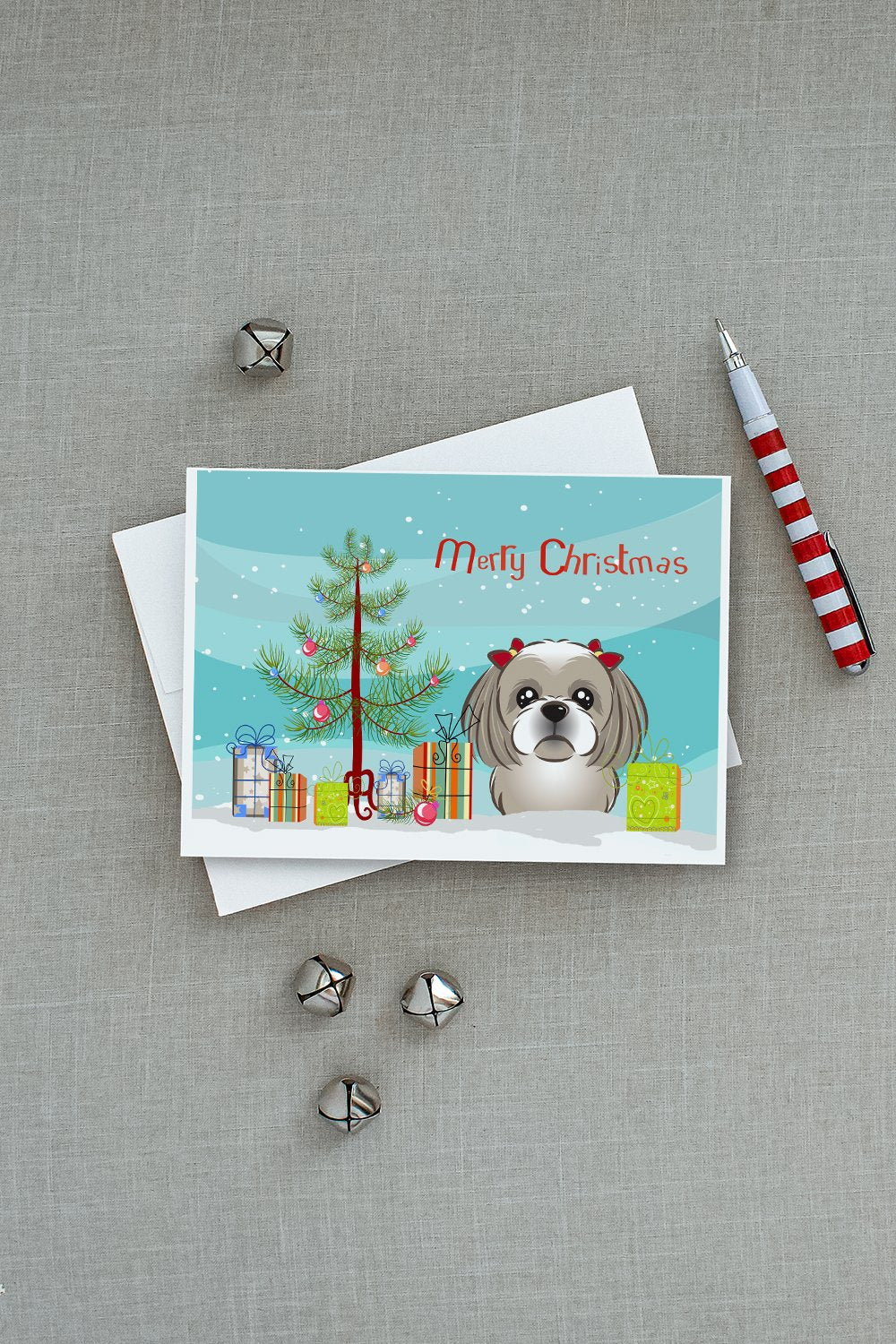Christmas Tree and Gray Silver Shih Tzu Greeting Cards and Envelopes Pack of 8 - the-store.com