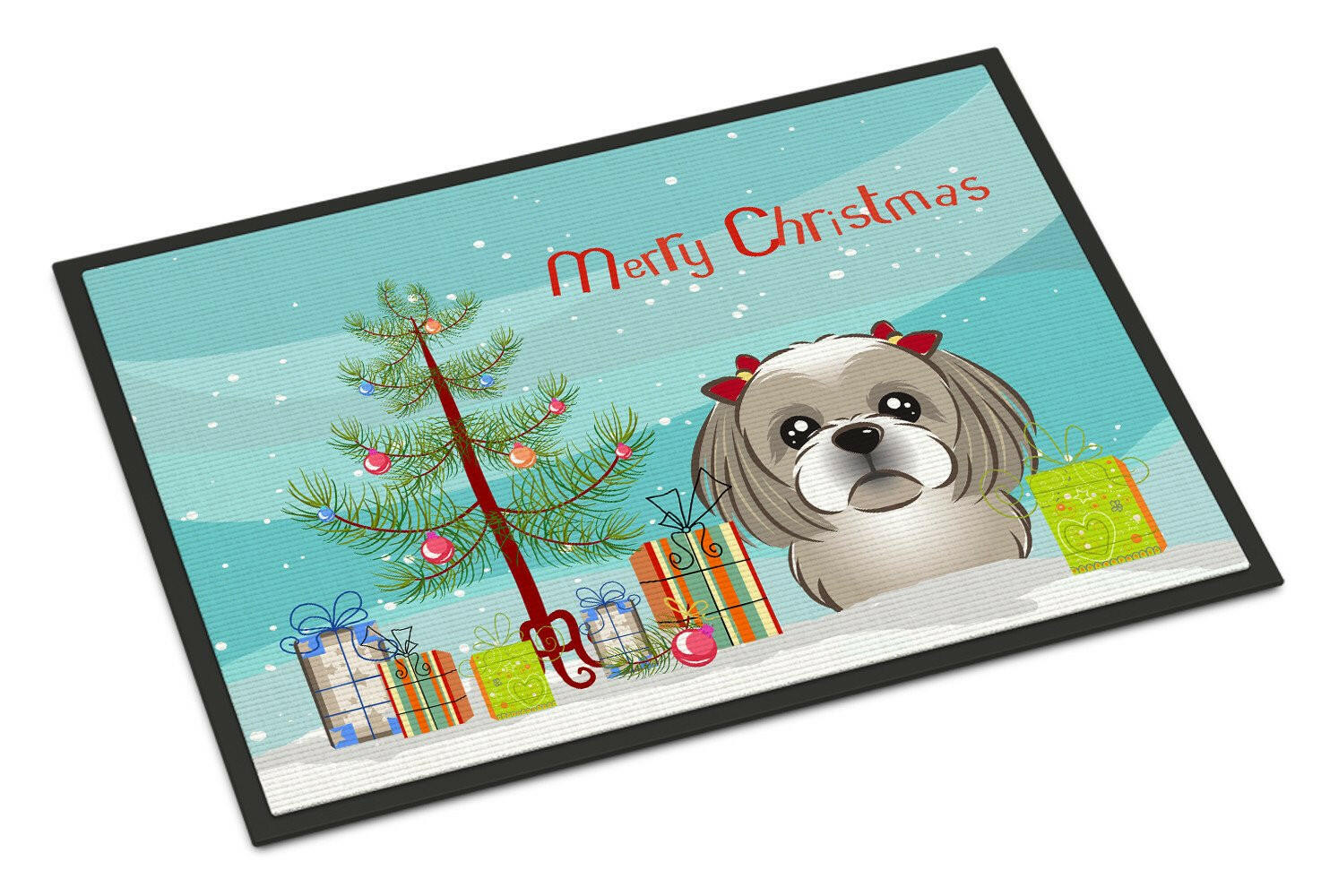 Christmas Tree and Gray Silver Shih Tzu Indoor or Outdoor Mat 24x36 BB1622JMAT - the-store.com