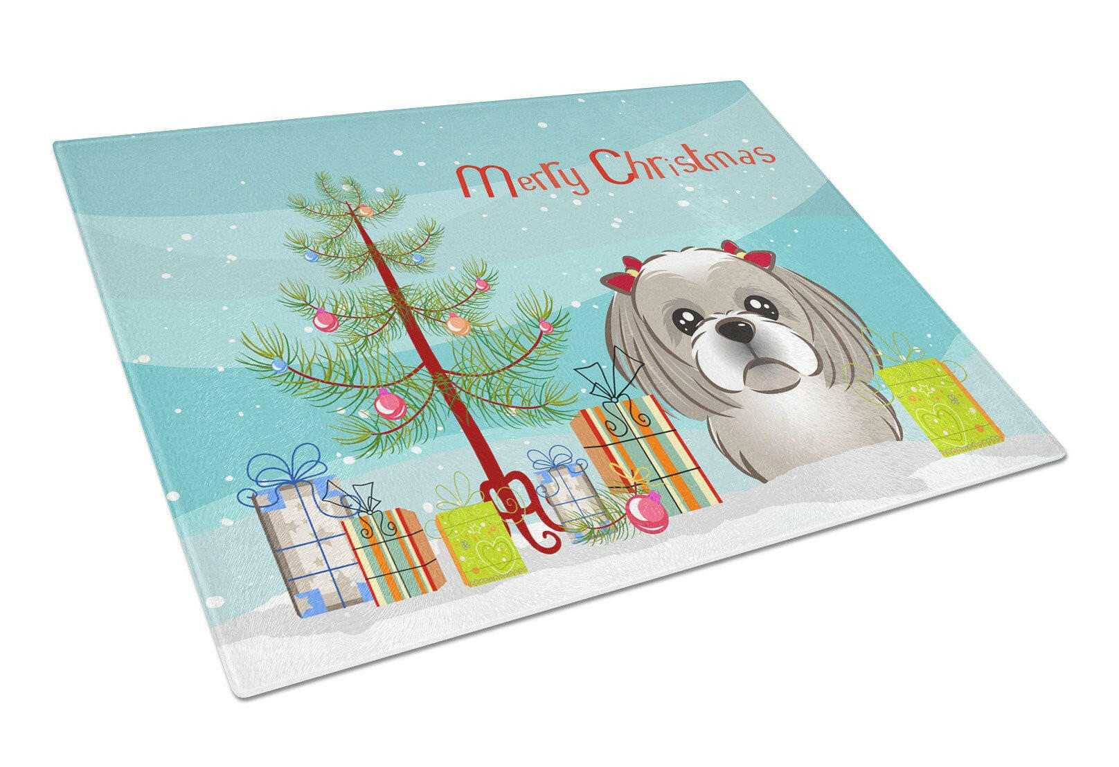 Christmas Tree and Gray Silver Shih Tzu Glass Cutting Board Large BB1622LCB by Caroline's Treasures