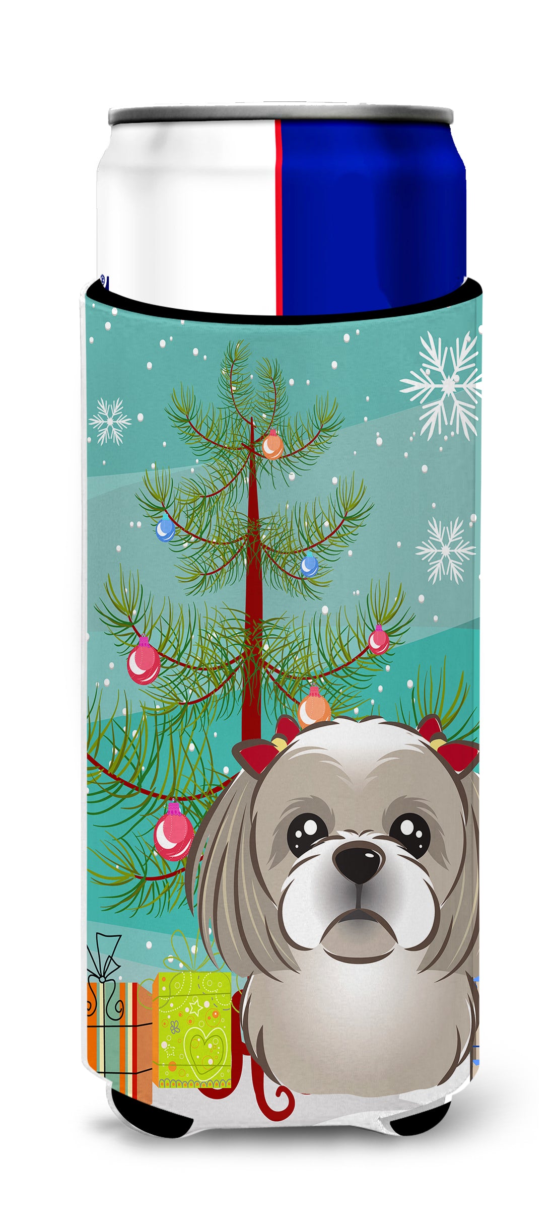 Christmas Tree and Gray Silver Shih Tzu Ultra Beverage Insulators for slim cans BB1622MUK  the-store.com.