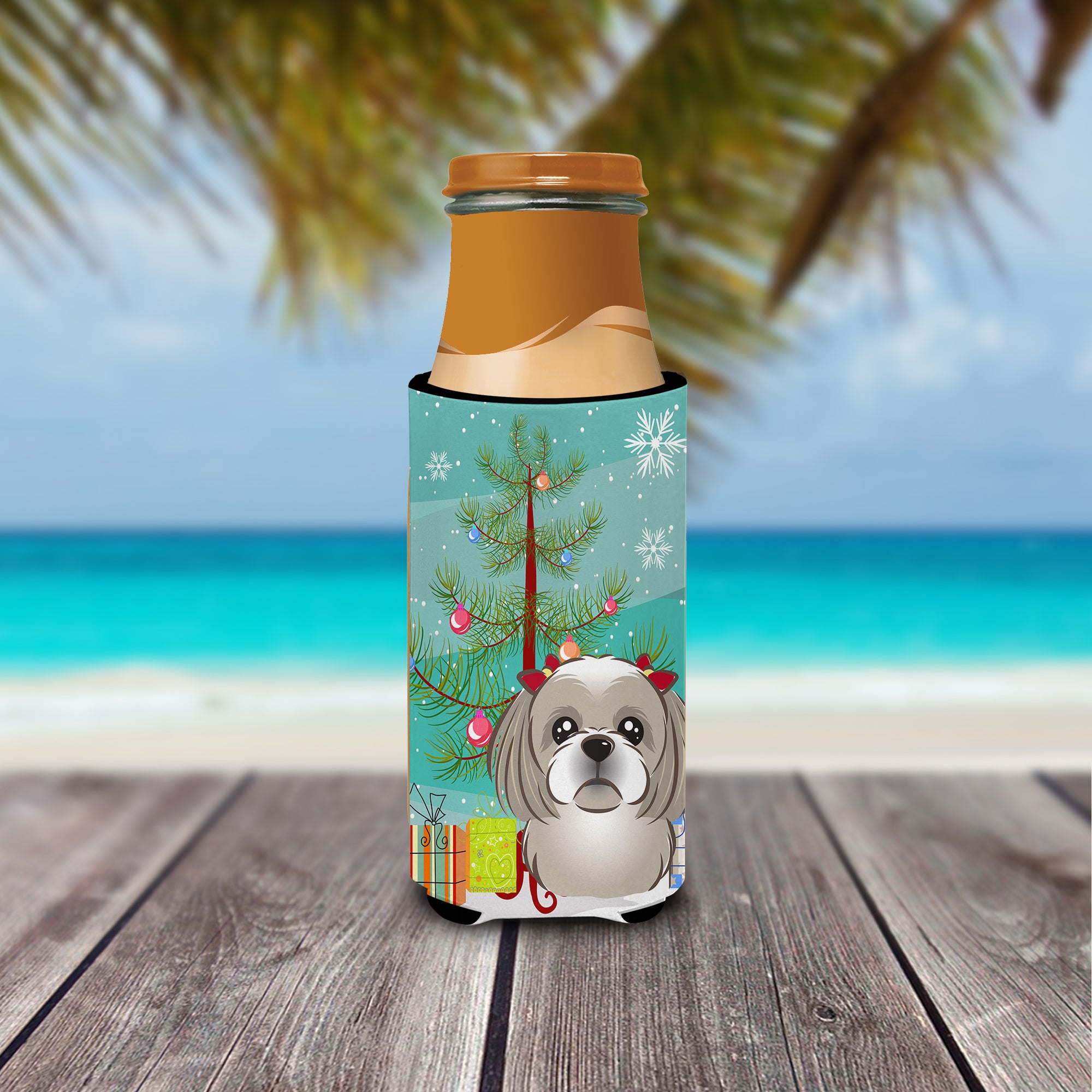 Christmas Tree and Gray Silver Shih Tzu Ultra Beverage Insulators for slim cans BB1622MUK