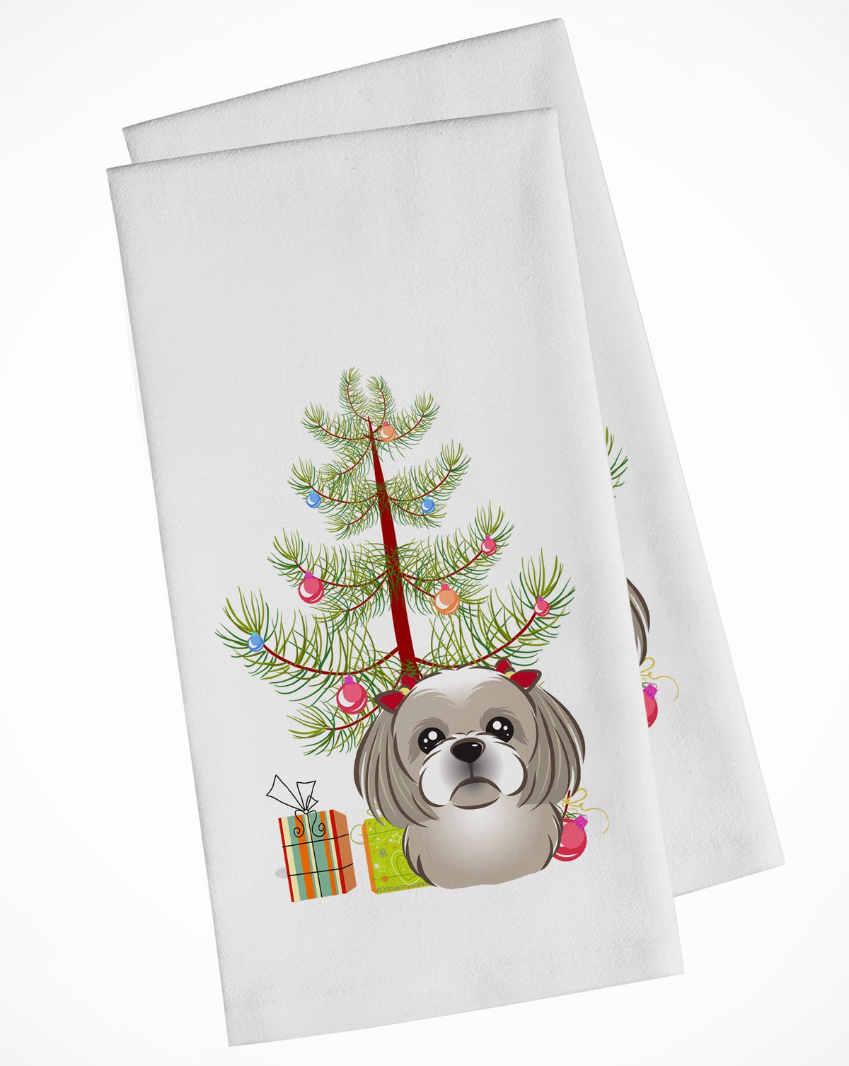 Christmas Tree and Gray Silver Shih Tzu White Kitchen Towel Set of 2 BB1622WTKT by Caroline&#39;s Treasures