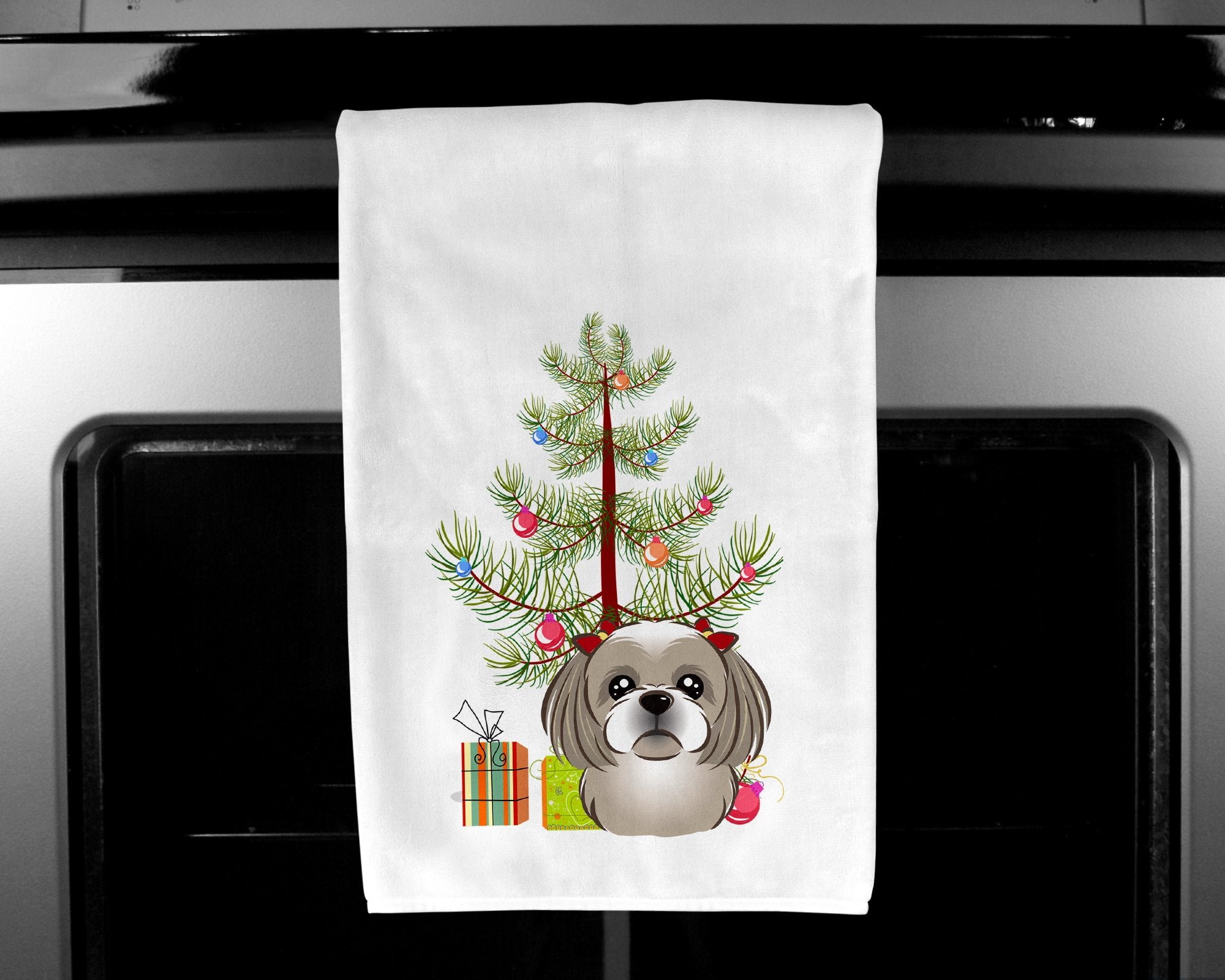 Christmas Tree and Gray Silver Shih Tzu White Kitchen Towel Set of 2 BB1622WTKT by Caroline's Treasures