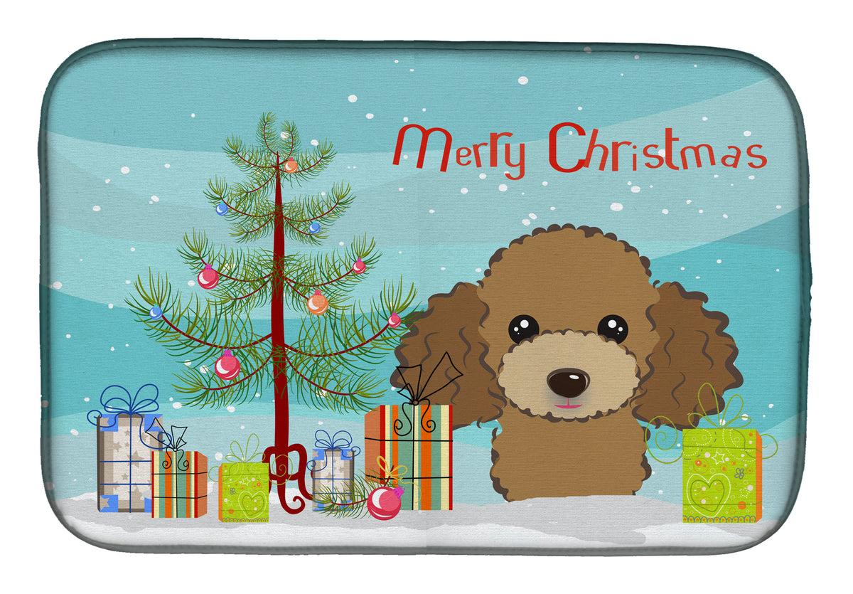Christmas Tree and Chocolate Brown Poodle Dish Drying Mat BB1628DDM