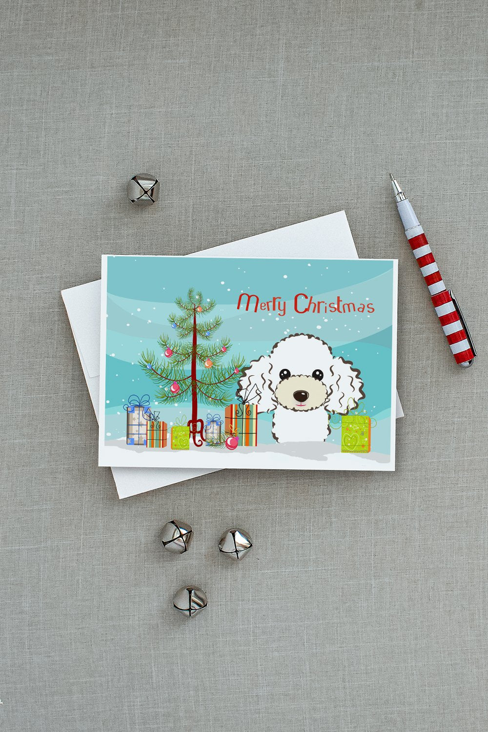 Christmas Tree and White Poodle Greeting Cards and Envelopes Pack of 8 - the-store.com