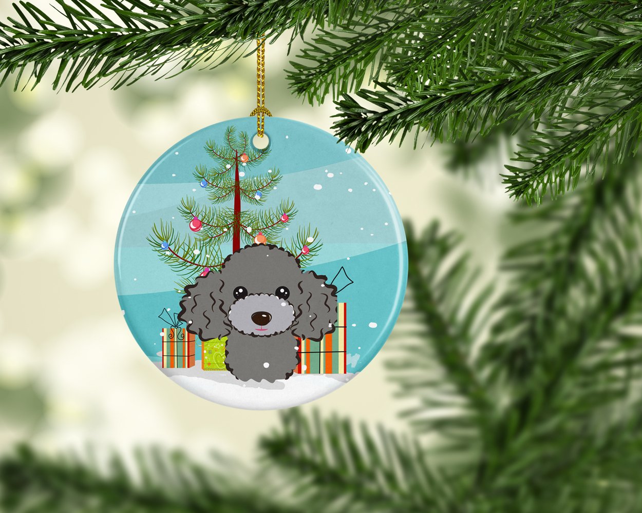 Christmas Tree and Silver Gray Poodle Ceramic Ornament BB1631CO1 by Caroline's Treasures