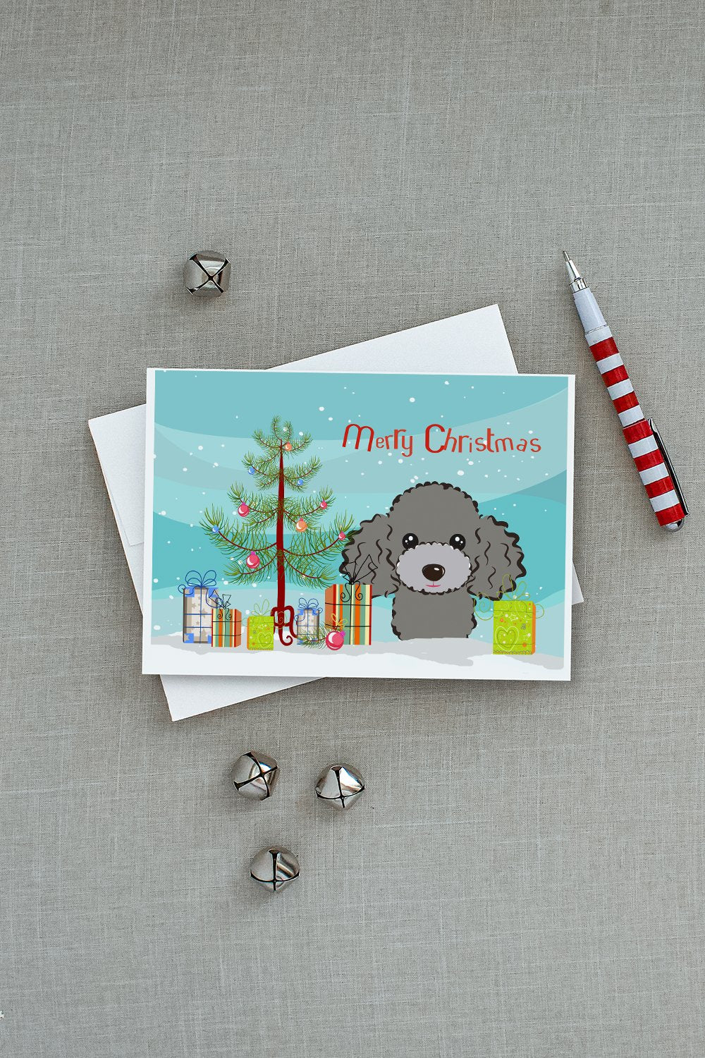 Christmas Tree and Silver Gray Poodle Greeting Cards and Envelopes Pack of 8 - the-store.com