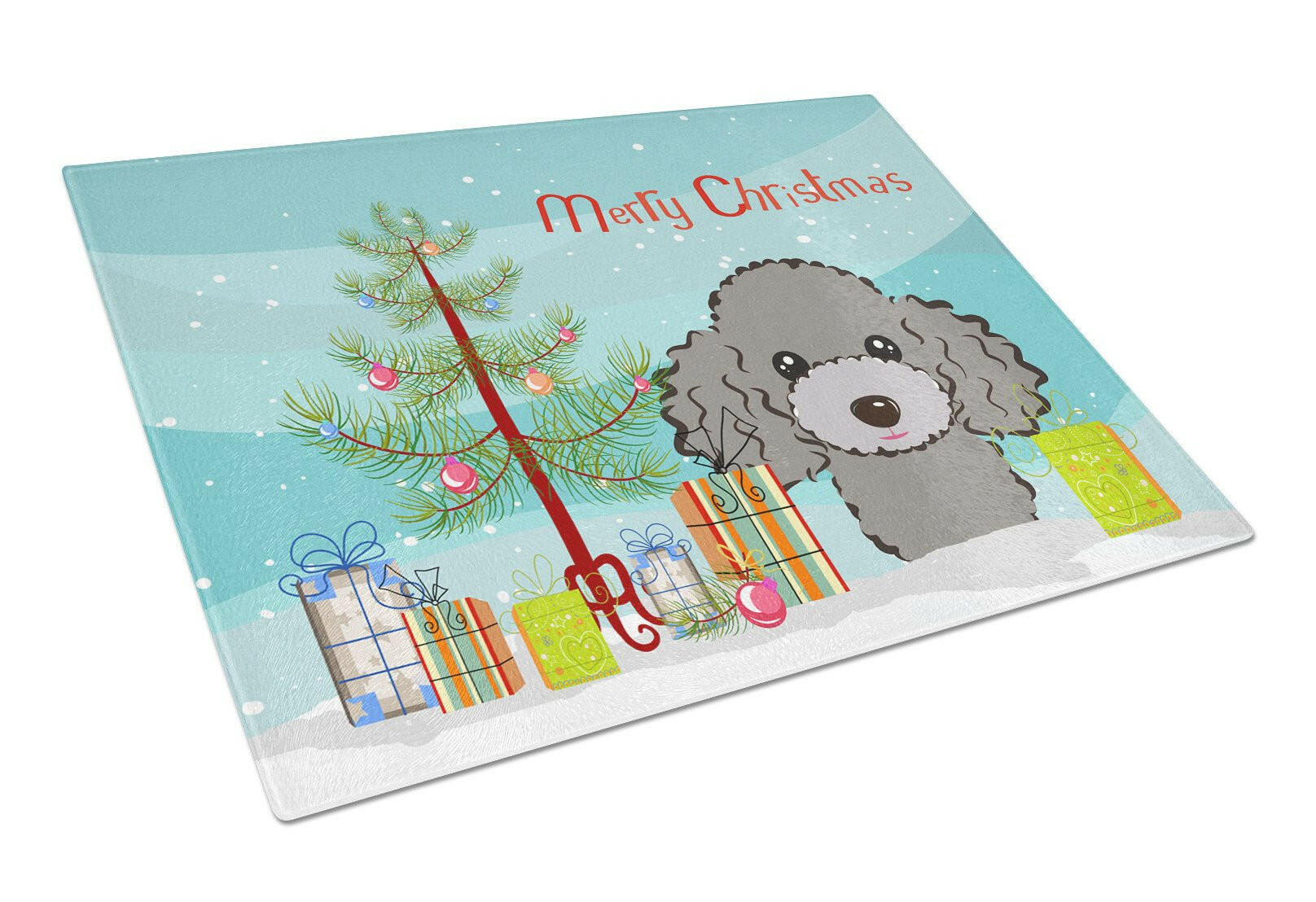 Christmas Tree and Silver Gray Poodle Glass Cutting Board Large BB1631LCB by Caroline's Treasures
