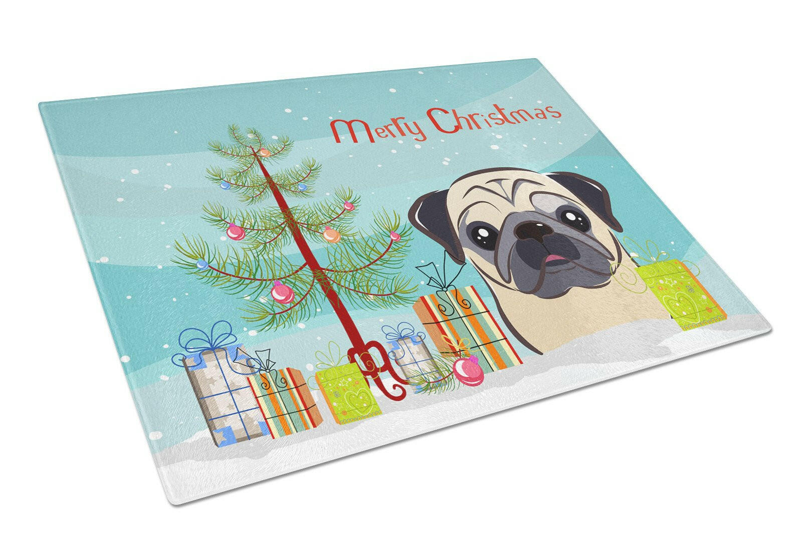 Christmas Tree and Fawn Pug Glass Cutting Board Large BB1634LCB by Caroline's Treasures