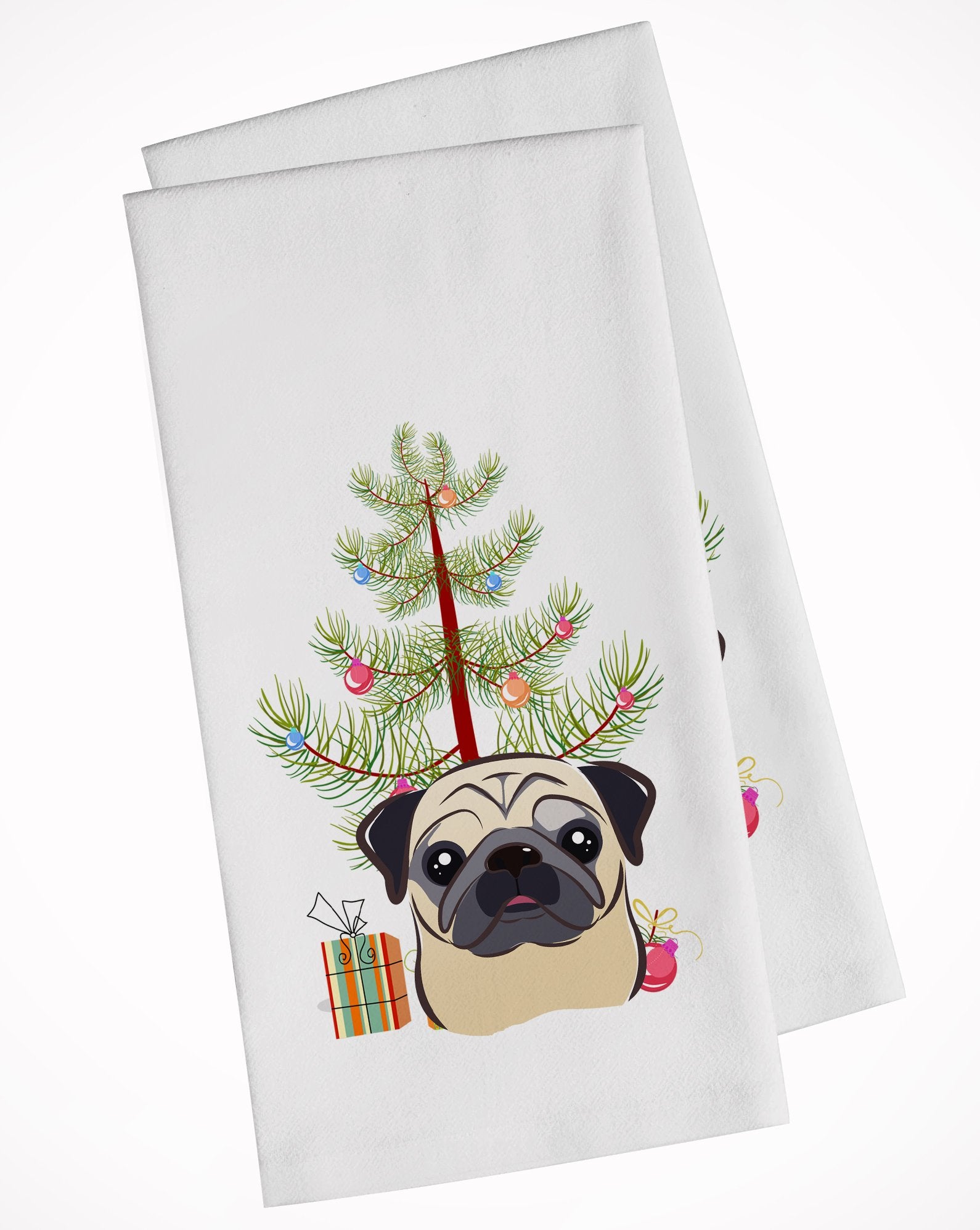 Christmas Tree and Fawn Pug White Kitchen Towel Set of 2 BB1634WTKT by Caroline's Treasures