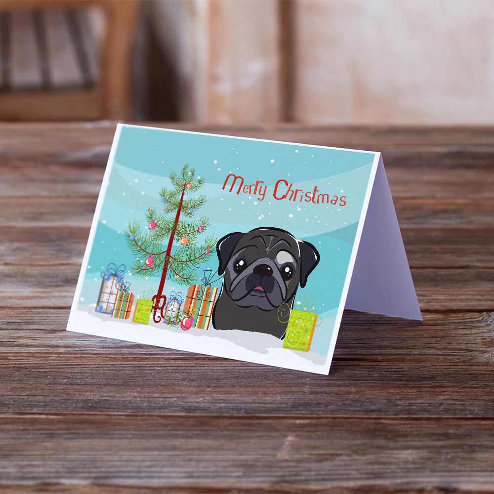 Christmas Tree and Black Pug Greeting Cards and Envelopes Pack of 8 - the-store.com