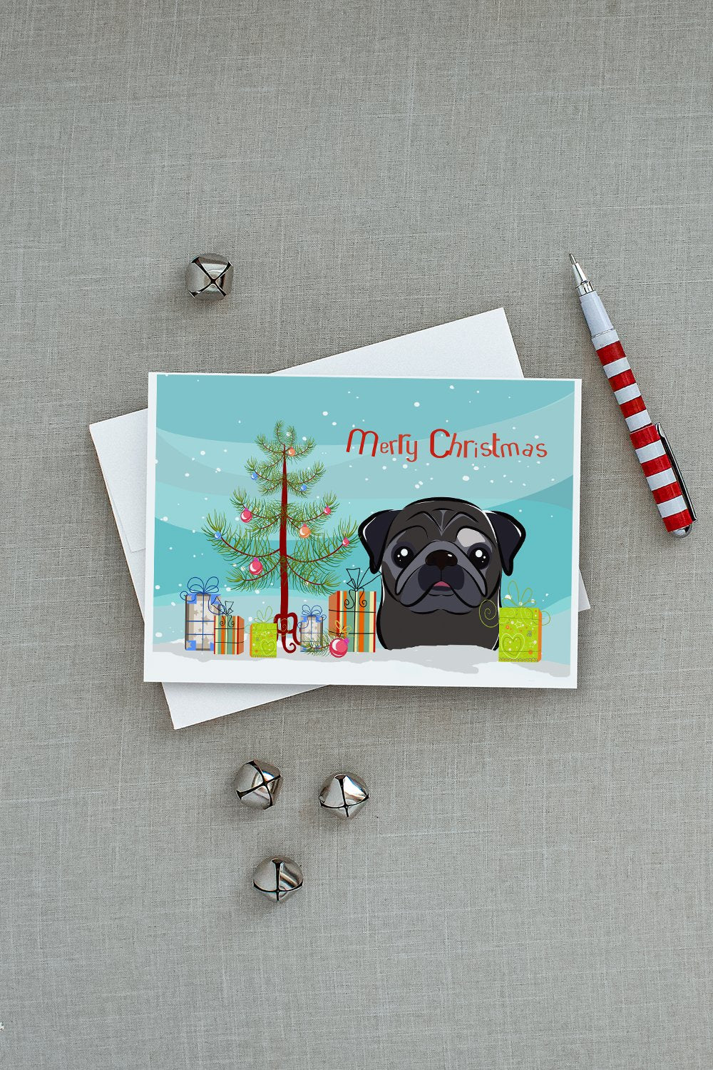 Christmas Tree and Black Pug Greeting Cards and Envelopes Pack of 8 - the-store.com