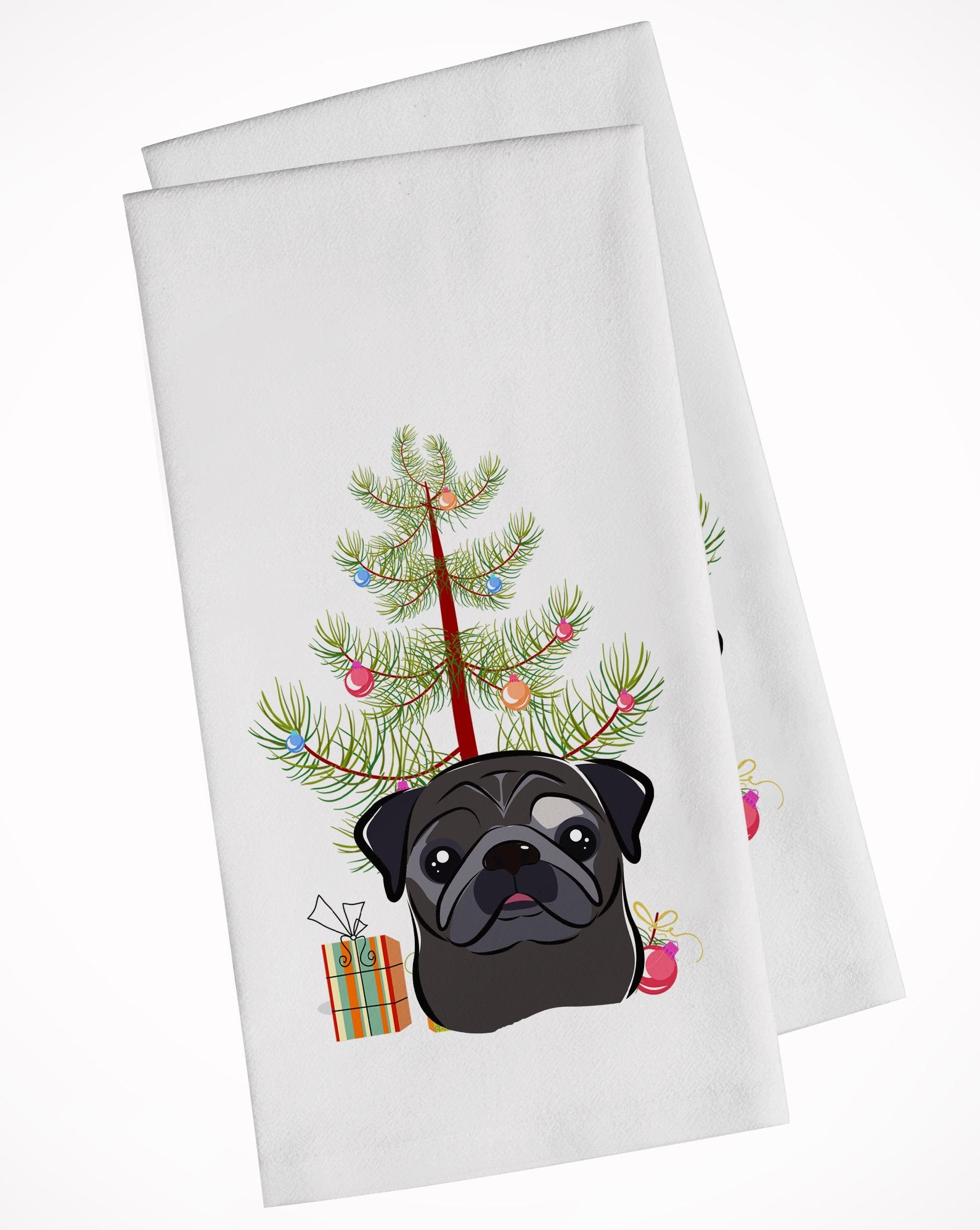 Christmas Tree and Black Pug White Kitchen Towel Set of 2 BB1635WTKT by Caroline's Treasures