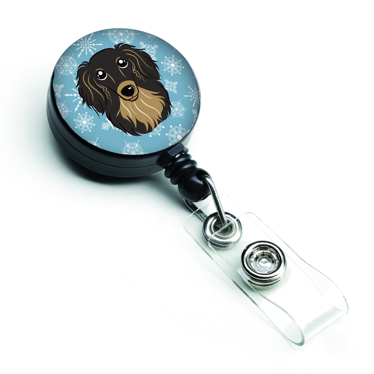 Snowflake Longhair Black and Tan Dachshund Retractable Badge Reel BB1647BR.