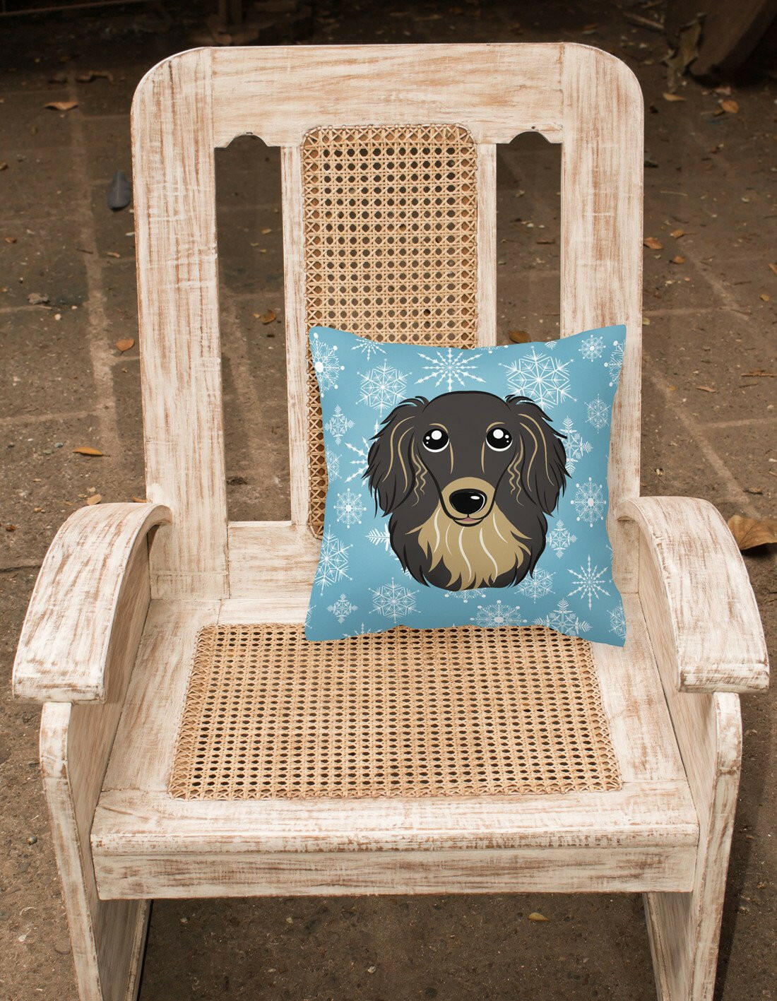 Snowflake Longhair Black and Tan Dachshund Fabric Decorative Pillow BB1647PW1414 - the-store.com