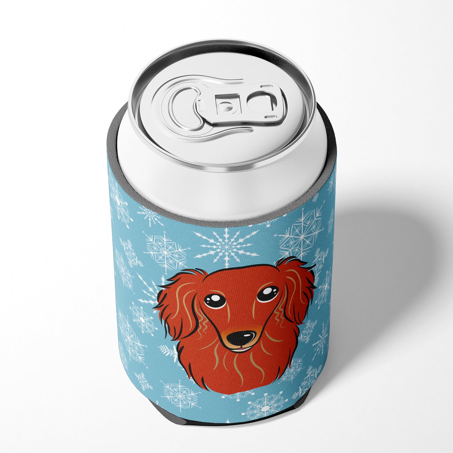 Snowflake Longhair Red Dachshund Can or Bottle Hugger BB1648CC.