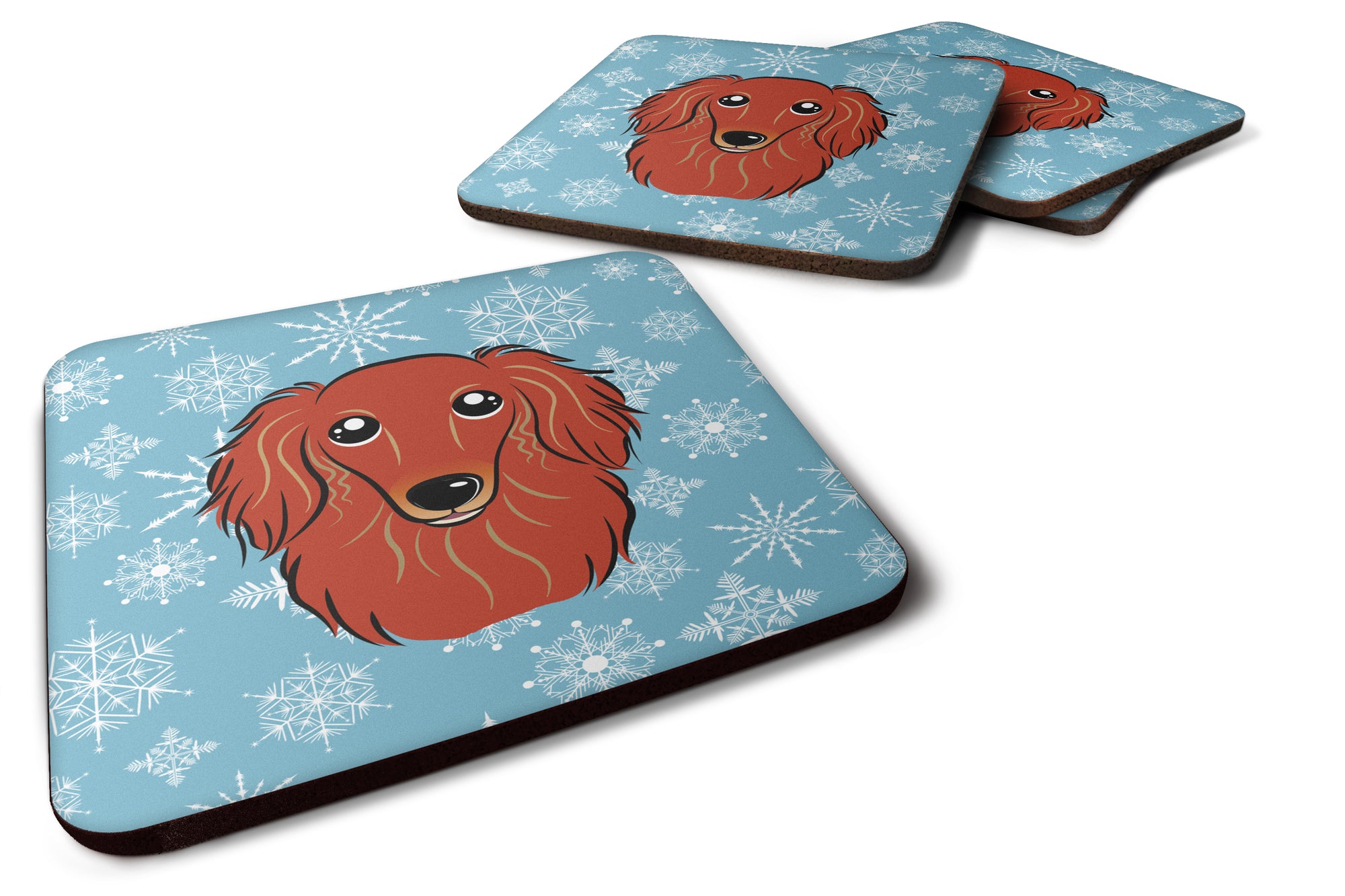 Set of 4 Snowflake Longhair Red Dachshund Foam Coasters BB1648FC - the-store.com