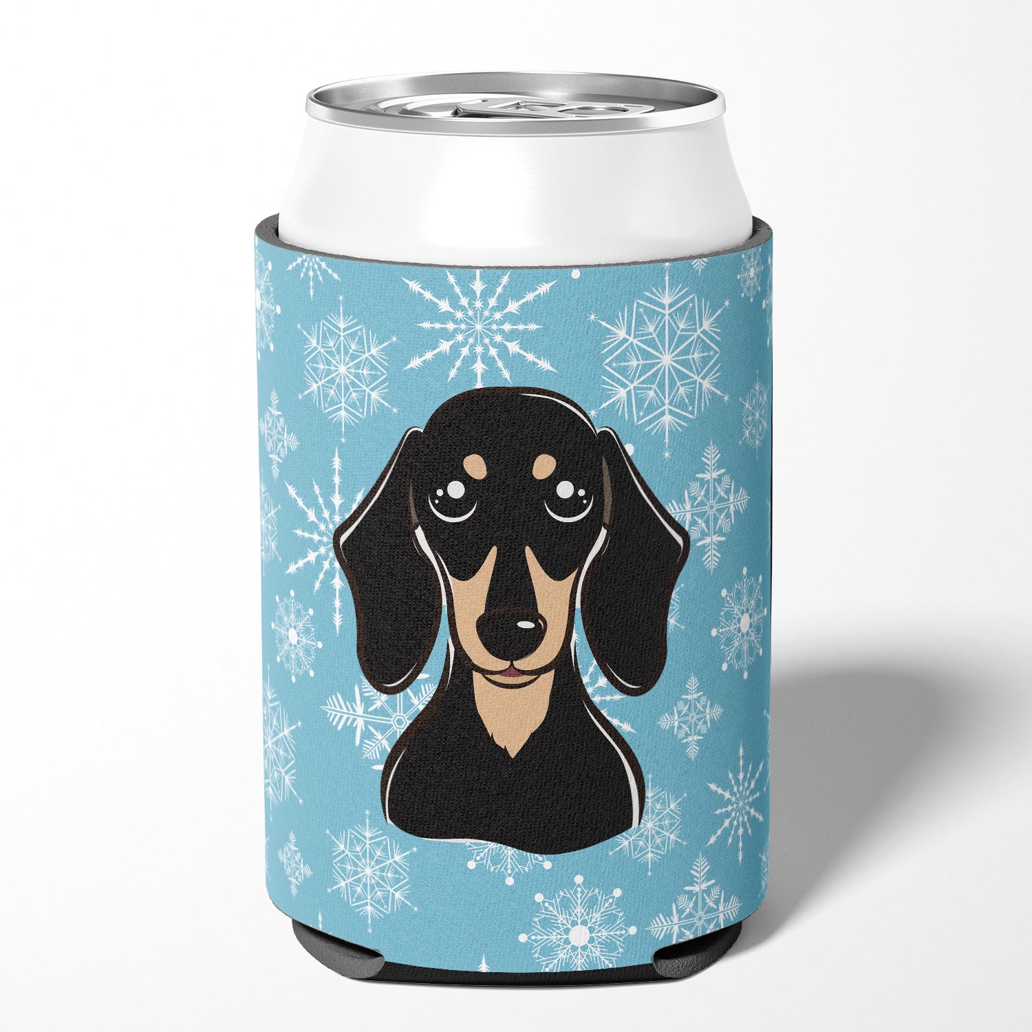 Snowflake Smooth Black and Tan Dachshund Can or Bottle Hugger BB1649CC.