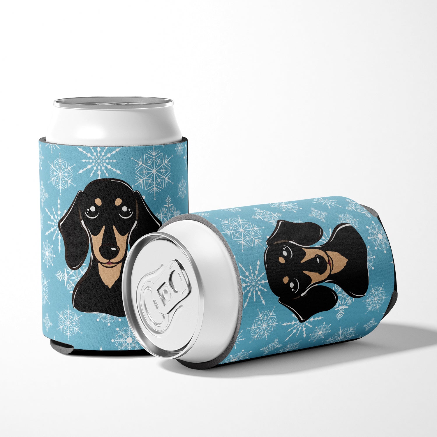 Snowflake Smooth Black and Tan Dachshund Can or Bottle Hugger BB1649CC.