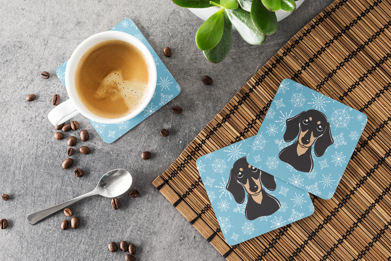 Set of 4 Snowflake Smooth Black and Tan Dachshund Foam Coasters BB1649FC - the-store.com