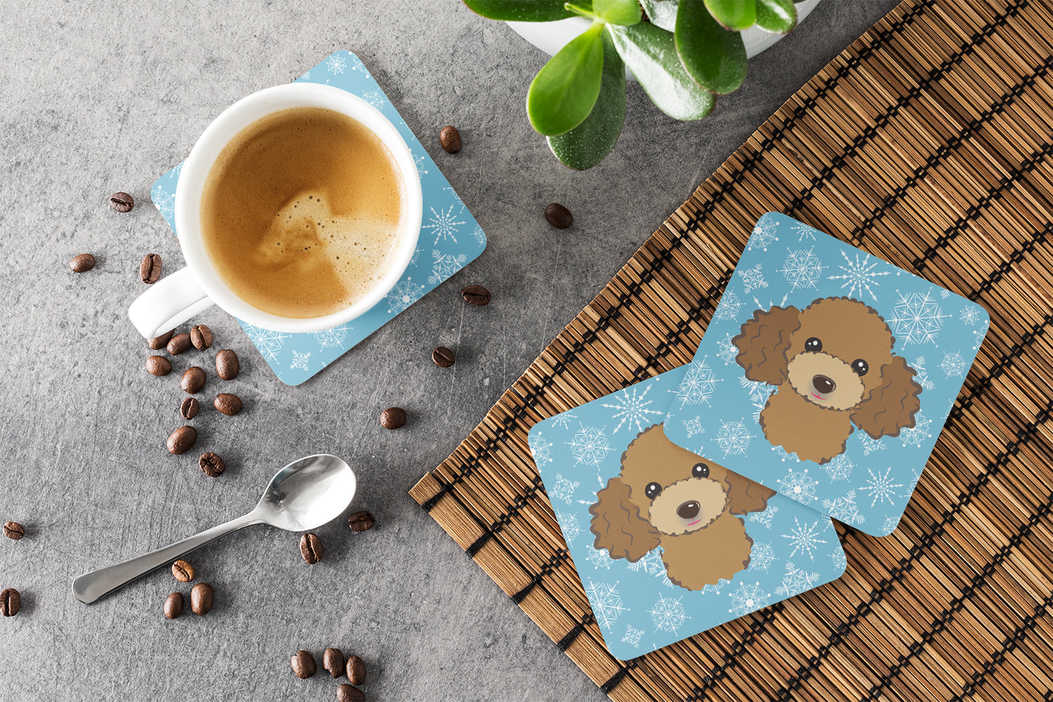 Set of 4 Snowflake Chocolate Brown Poodle Foam Coasters BB1690FC - the-store.com