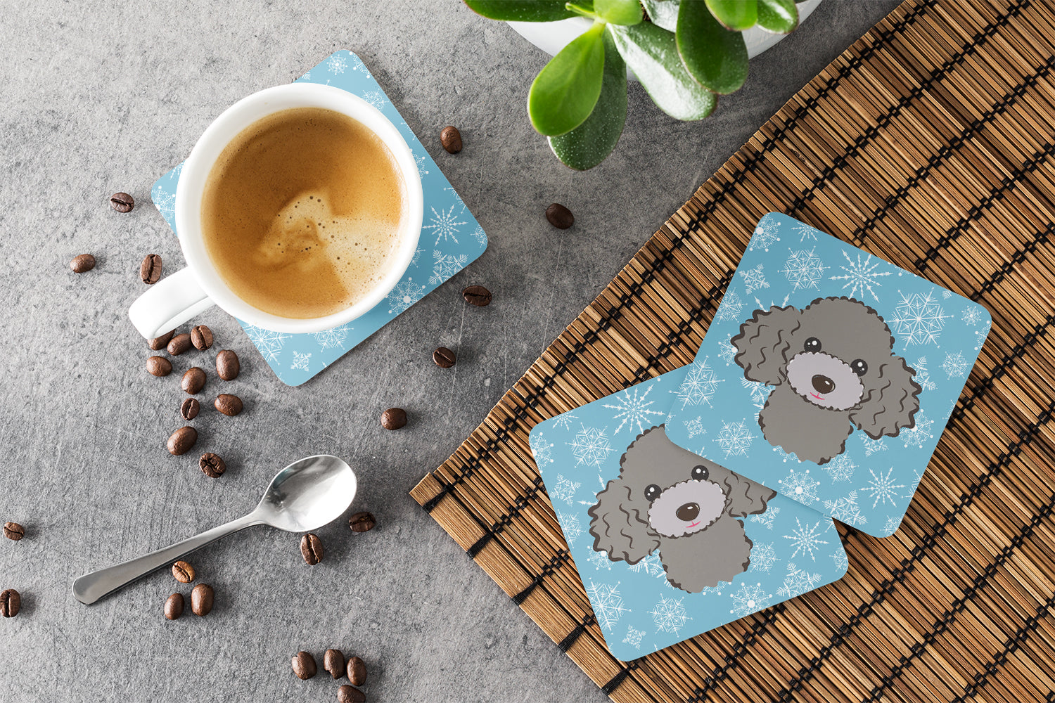 Set of 4 Snowflake Silver Gray Poodle Foam Coasters BB1693FC - the-store.com