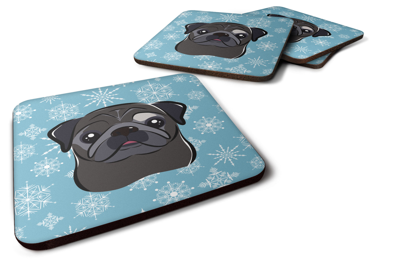 Set of 4 Snowflake Black Pug Foam Coasters BB1697FC - the-store.com