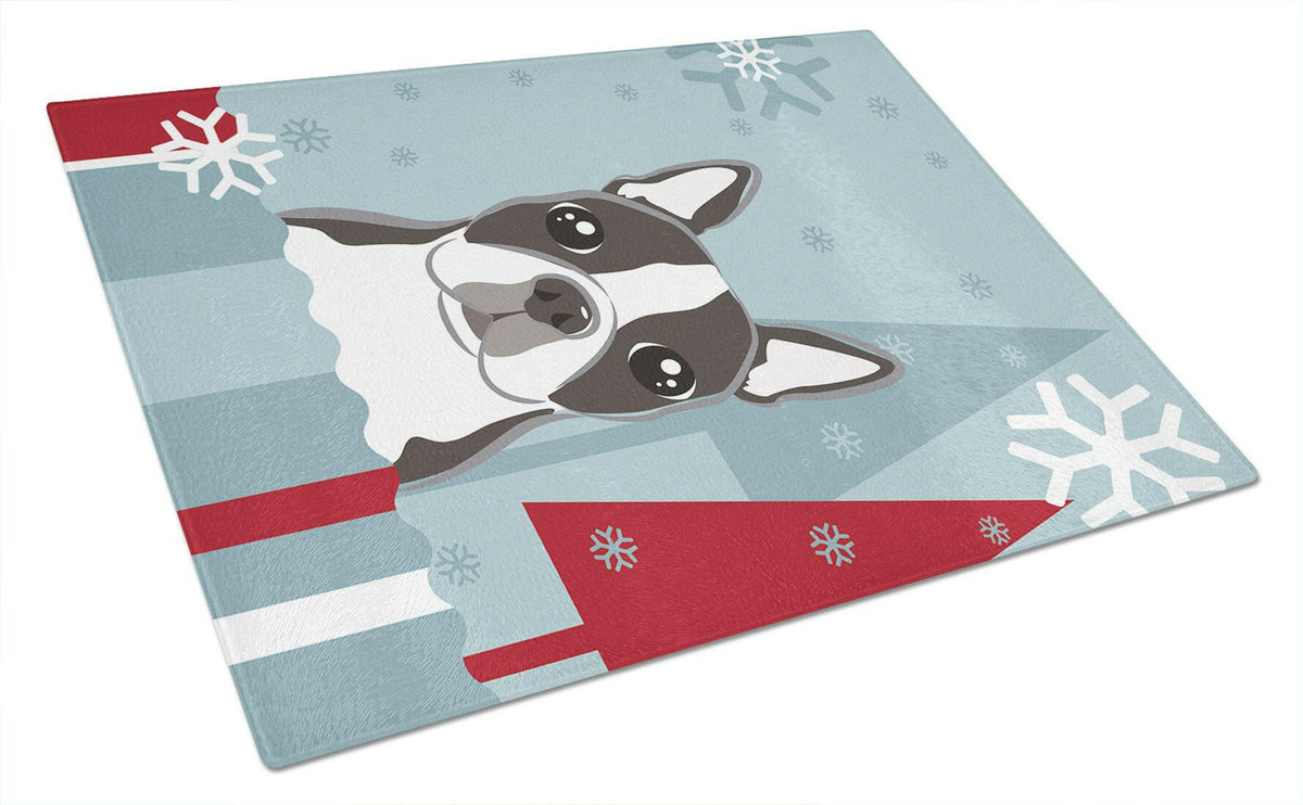 Winter Holiday Boston Terrier Glass Cutting Board Large BB1699LCB by Caroline&#39;s Treasures