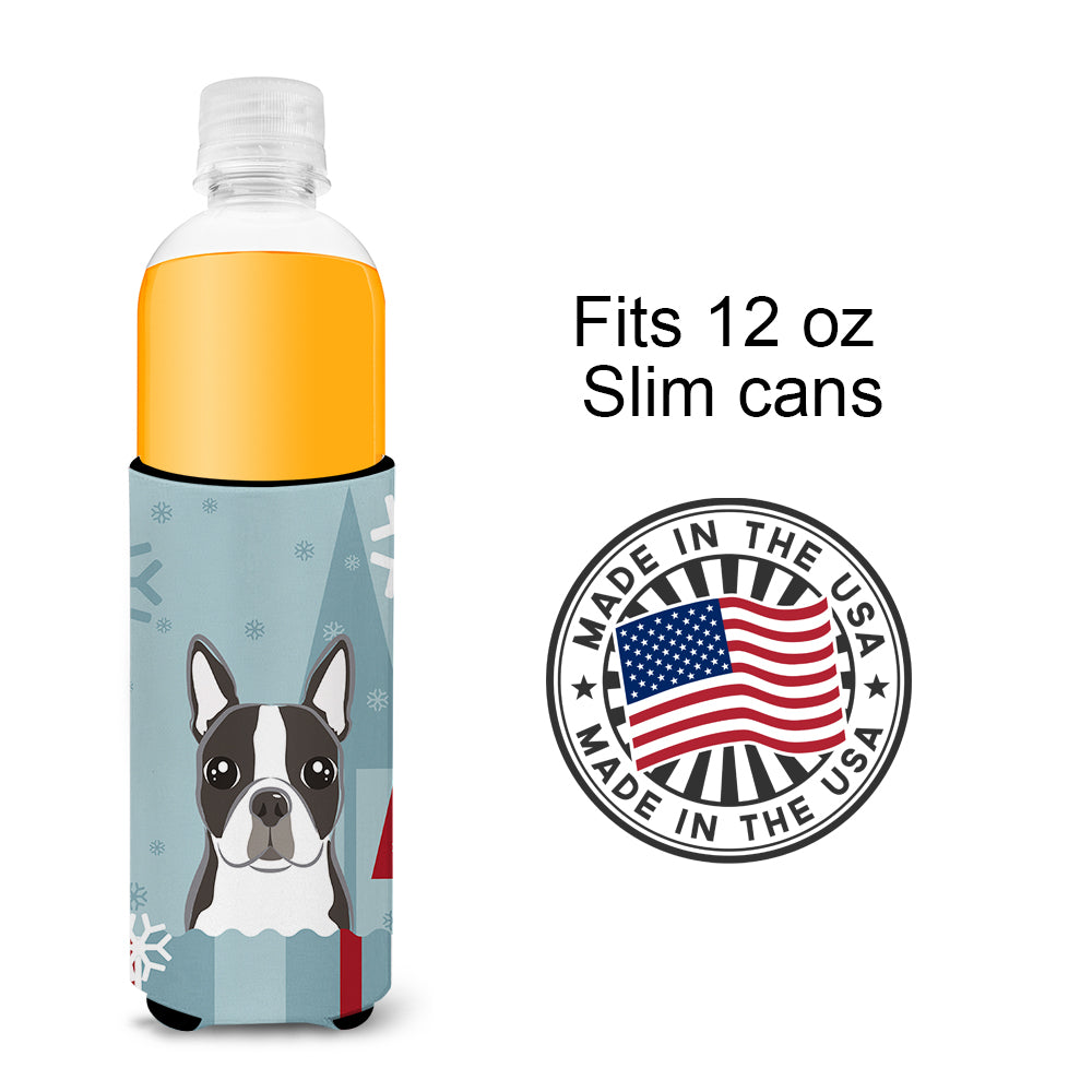 Winter Holiday Boston Terrier Ultra Beverage Insulators for slim cans BB1699MUK  the-store.com.