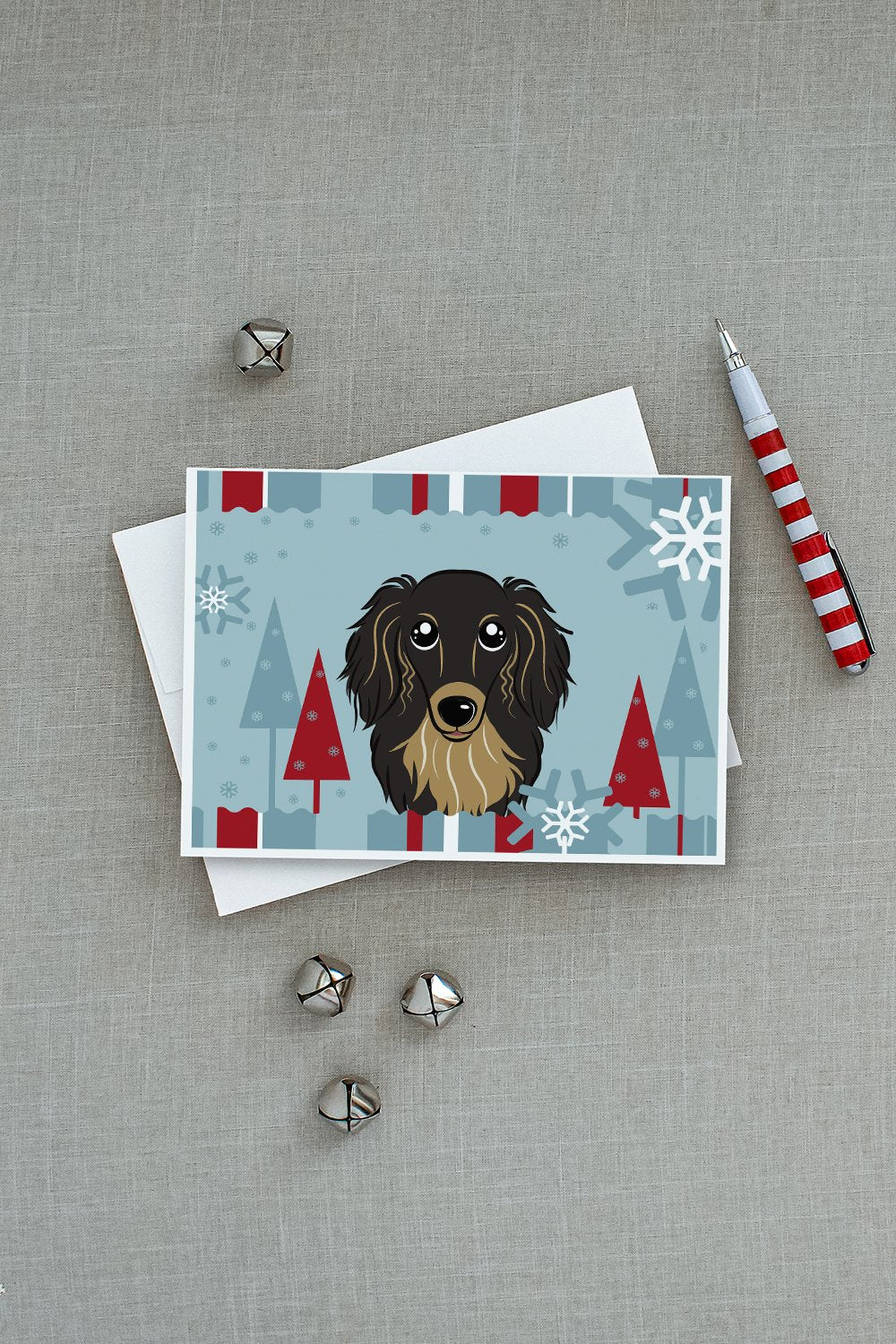 Winter Holiday Longhair Black and Tan Dachshund Greeting Cards and Envelopes Pack of 8 - the-store.com