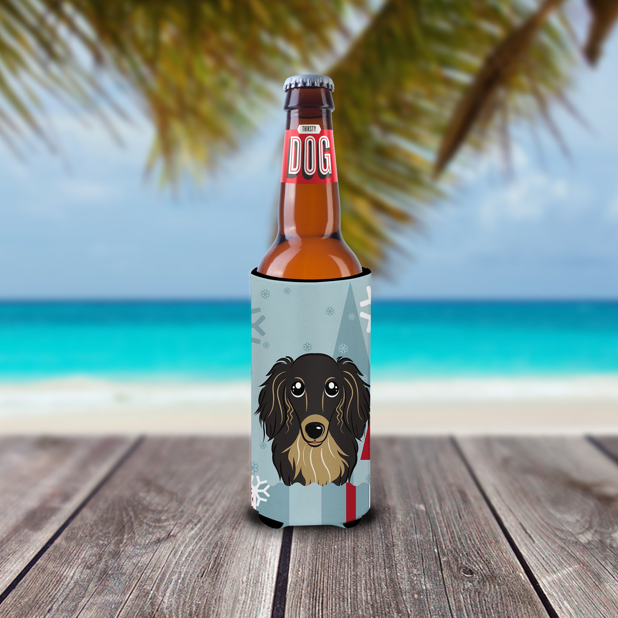 Winter Holiday Longhair Black and Tan Dachshund Ultra Beverage Insulators for slim cans BB1709MUK  the-store.com.