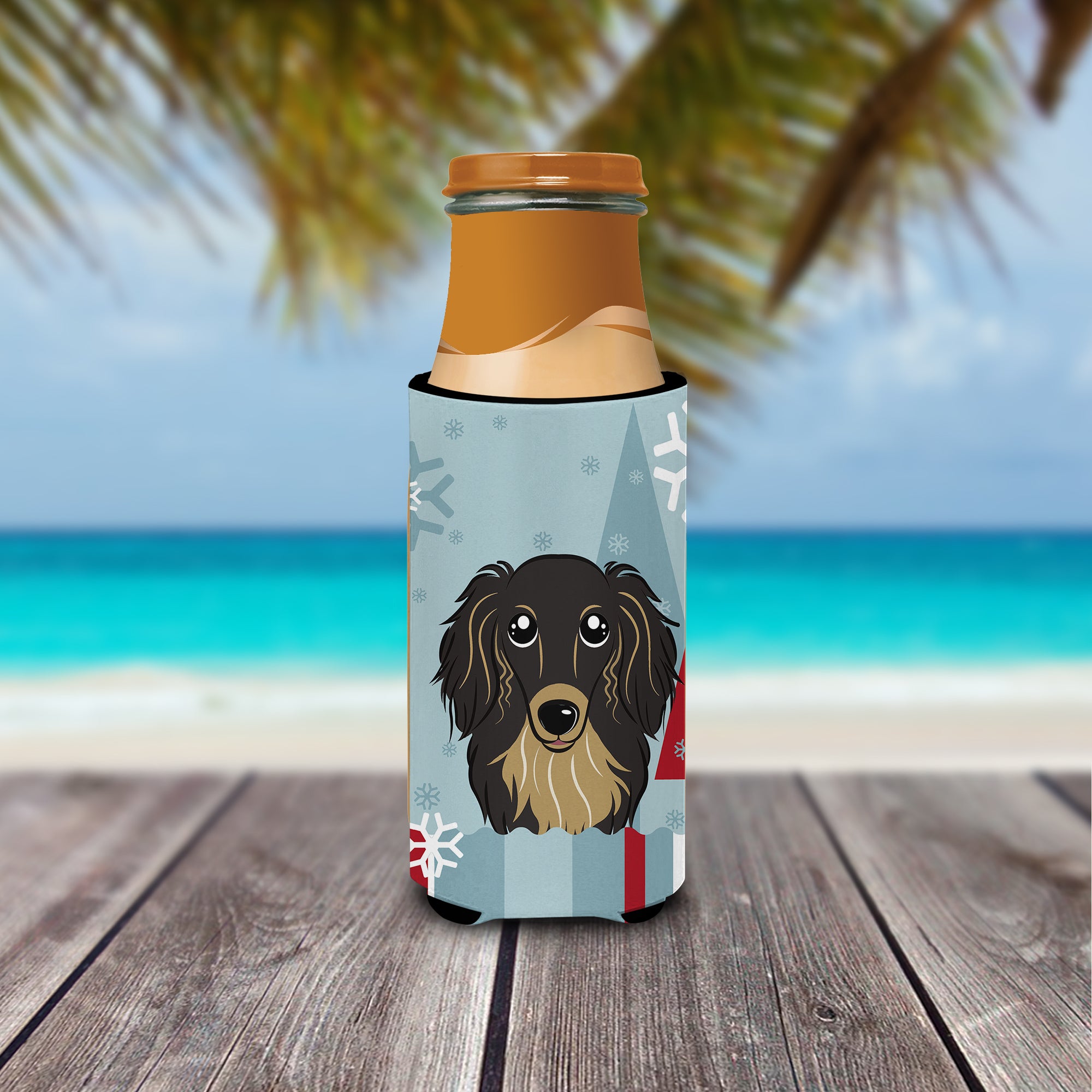 Winter Holiday Longhair Black and Tan Dachshund Ultra Beverage Insulators for slim cans BB1709MUK