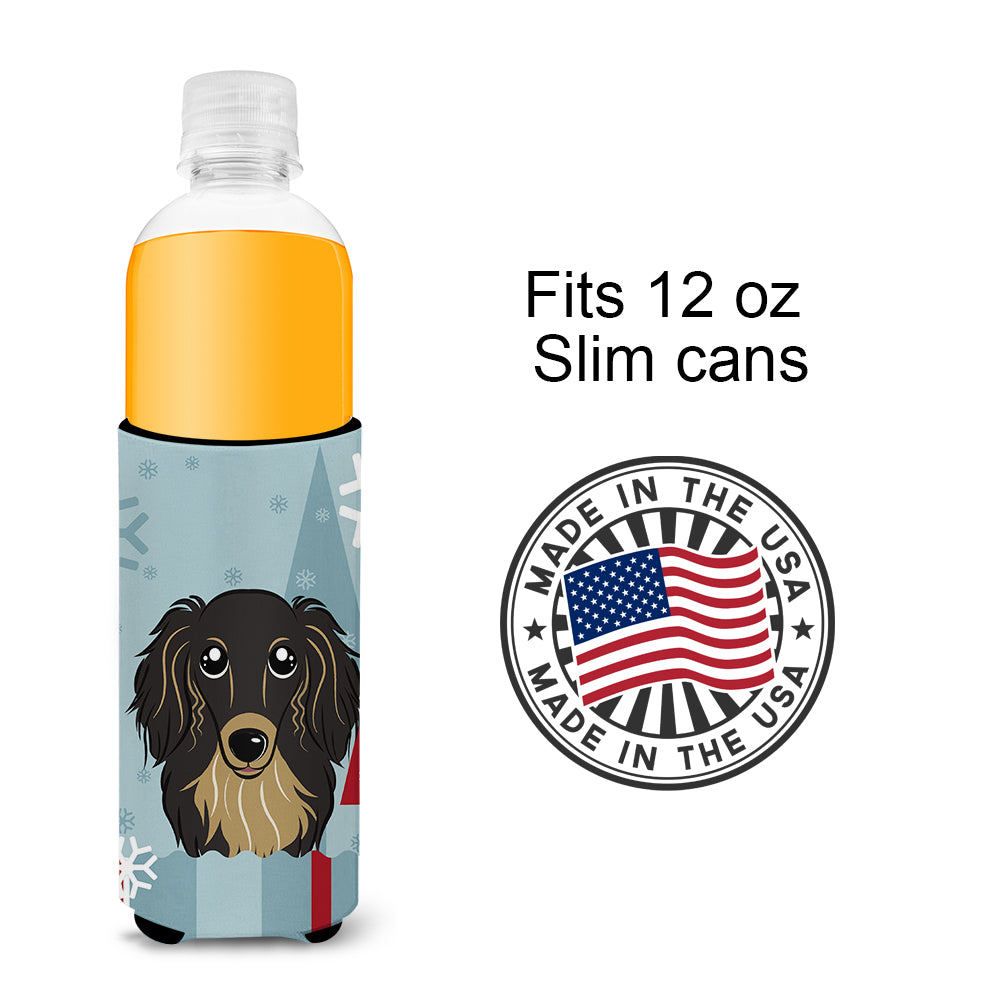 Winter Holiday Longhair Black and Tan Dachshund Ultra Beverage Insulators for slim cans BB1709MUK  the-store.com.